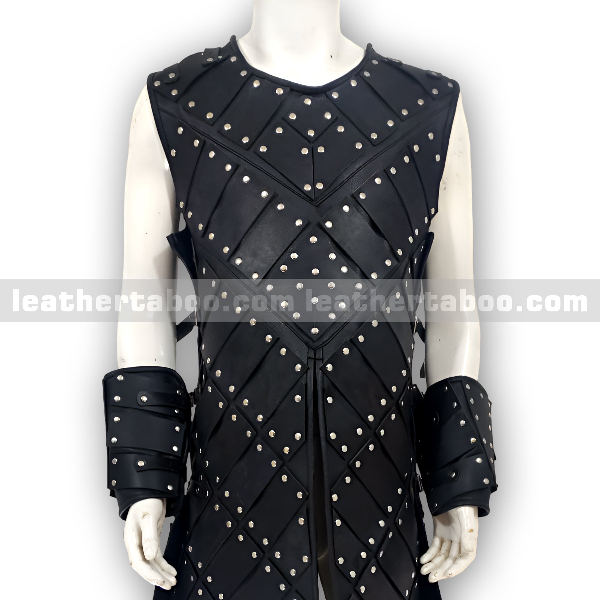 Black Studded Leather Warrior Armor Vest with Arm Bracers – Medieval Style Costume for Men