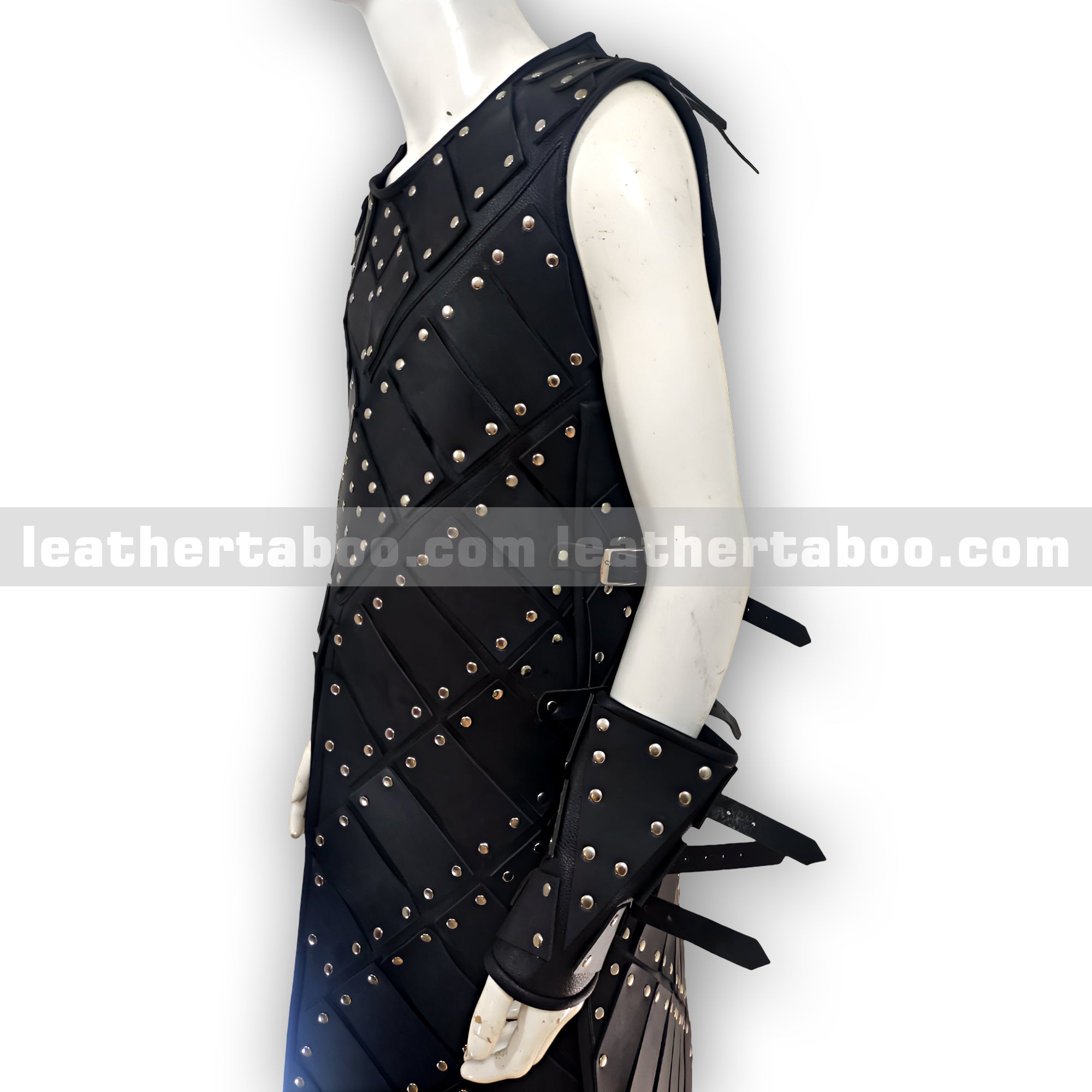 Black Studded Leather Warrior Armor Vest with Arm Bracers – Medieval Style Costume for Men