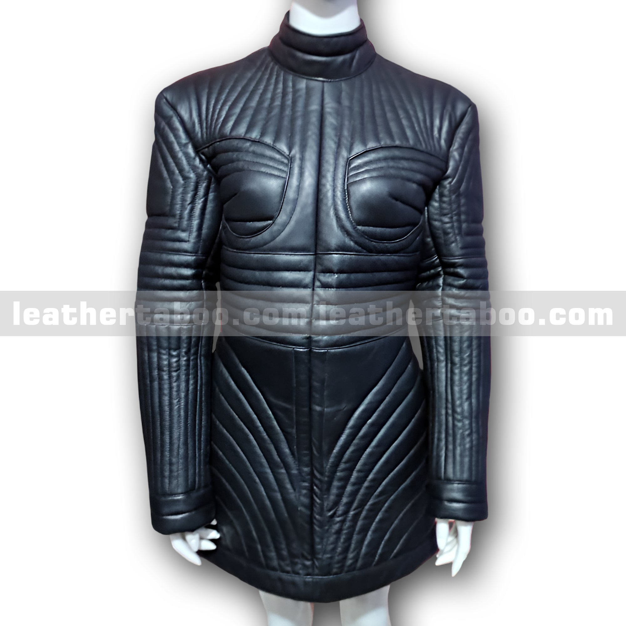 Black Quilted Sheepskin Leather Dress Jacket for Women – Futuristic Armor-Inspired Outerwear