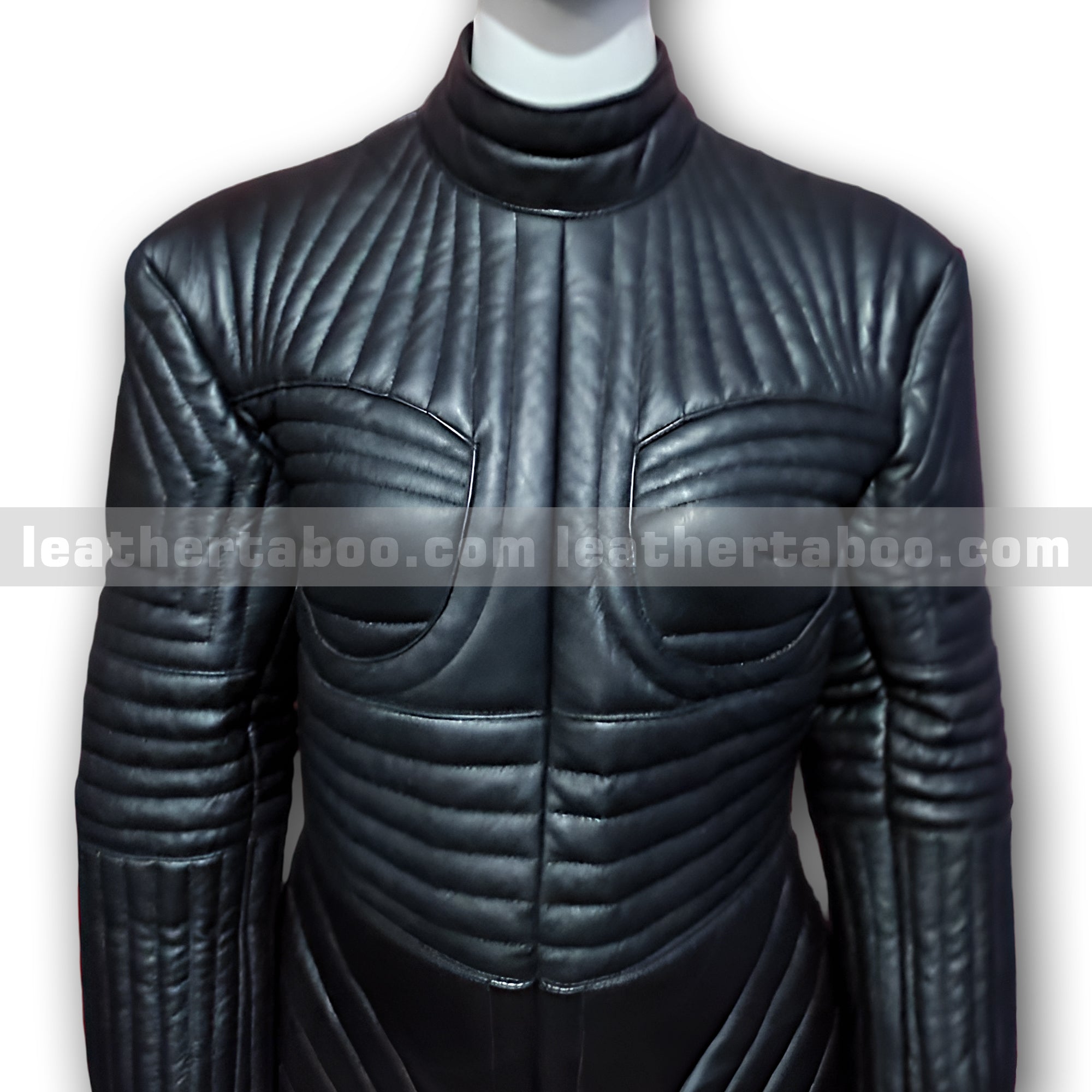 Black Quilted Sheepskin Leather Dress Jacket for Women – Futuristic Armor-Inspired Outerwear