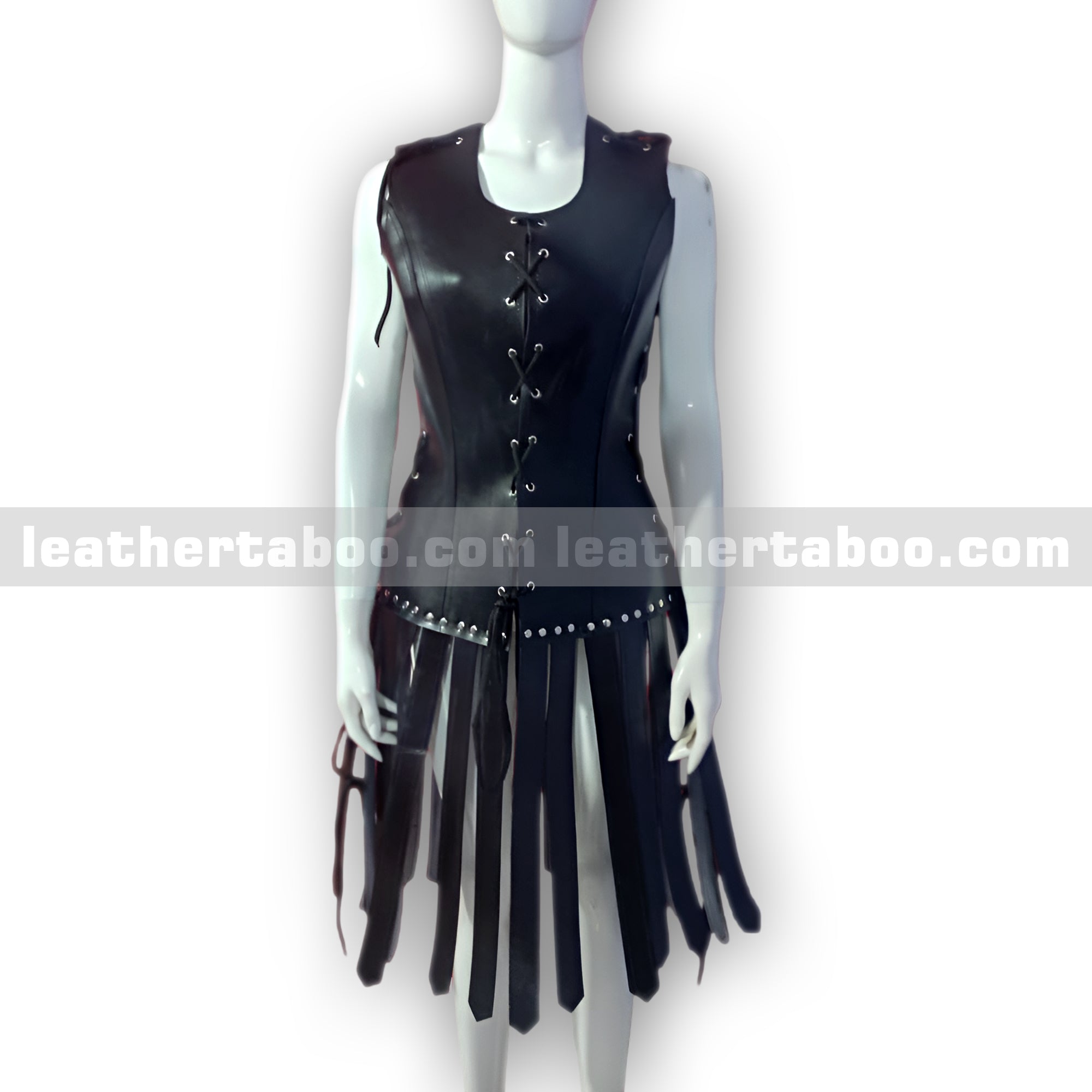 Women’s Black Leather Lace-Up Dress – Gladiator Style with Fringe Skirt
