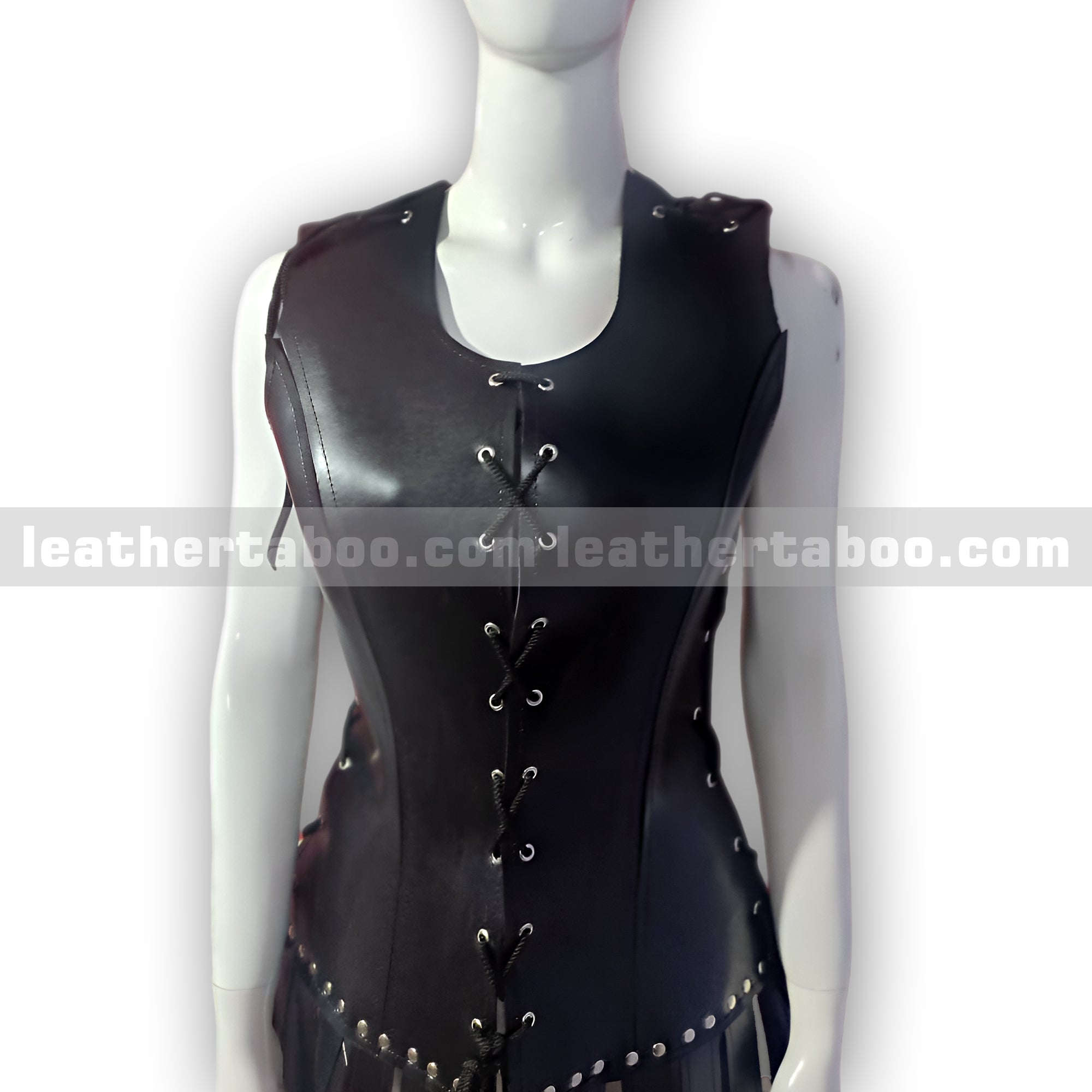 Women’s Black Leather Lace-Up Dress – Gladiator Style with Fringe Skirt