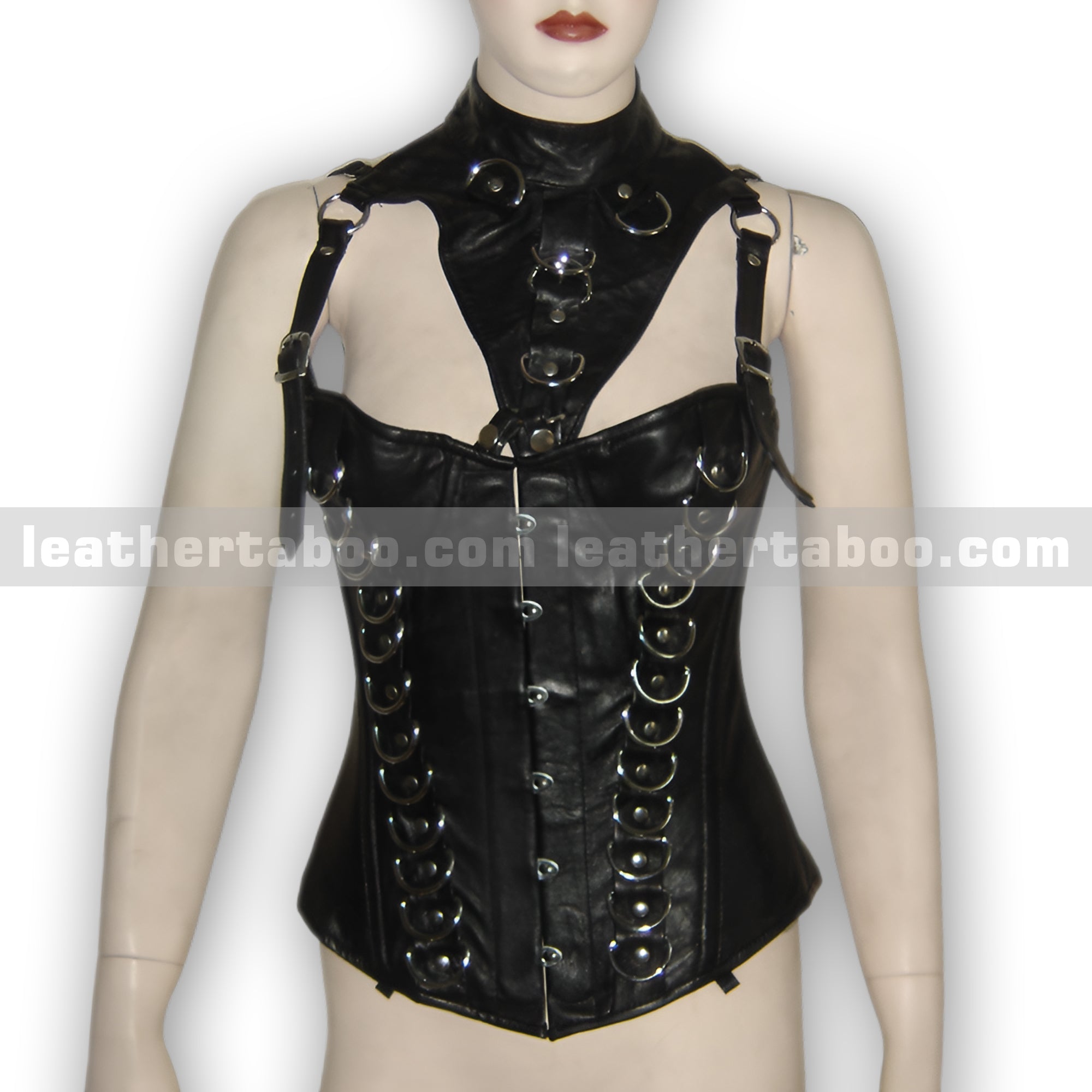 Women’s Black Leather Corset Top with Buckle Straps & D-Ring Details | Gothic Punk Inspired Fashion