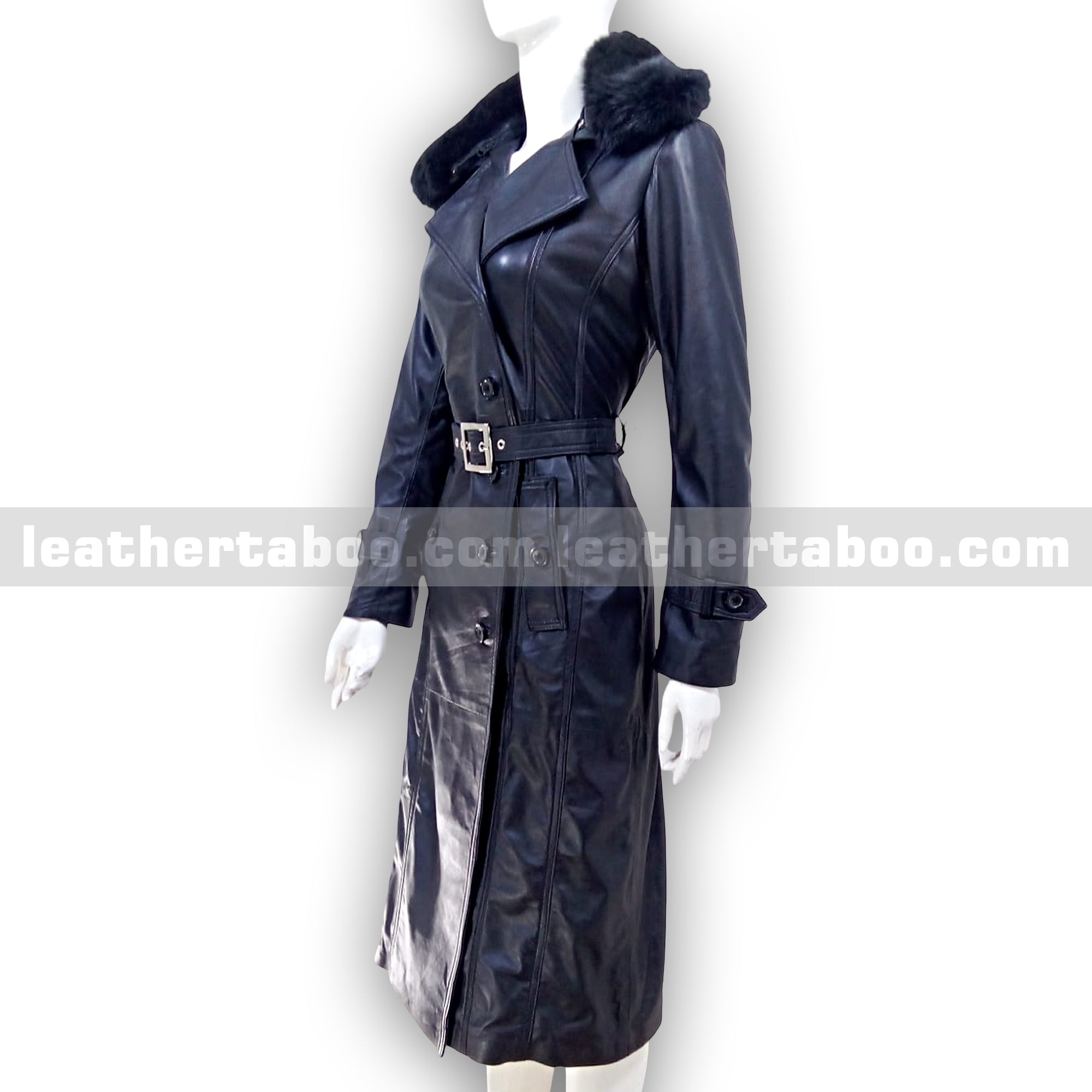 Women's Long Black Sheepskin Leather Trench Coat with Belt & Original Faux Fur Collar | Full-Length Winter Leather Outerwear