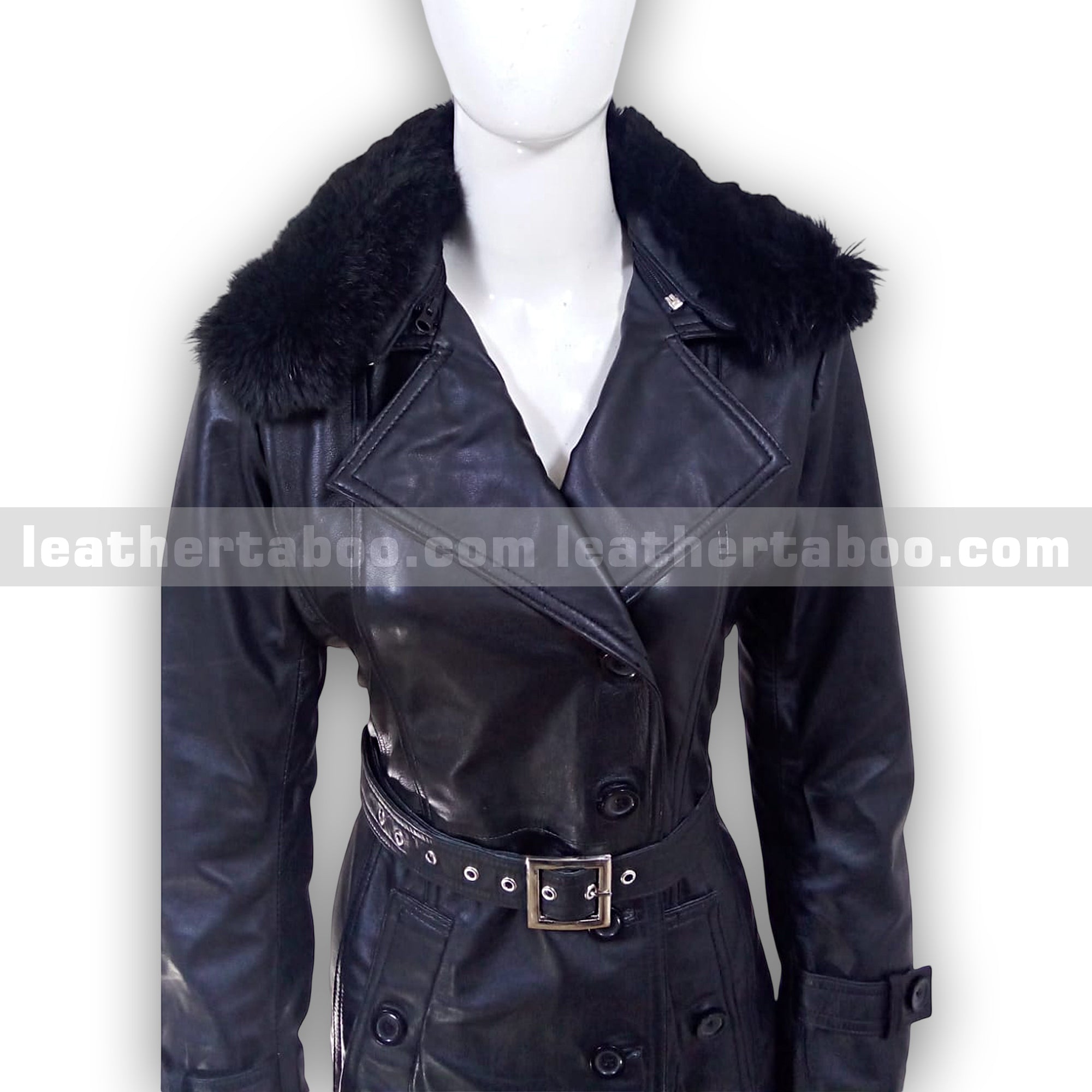 Women's Long Black Sheepskin Leather Trench Coat with Belt & Original Faux Fur Collar | Full-Length Winter Leather Outerwear