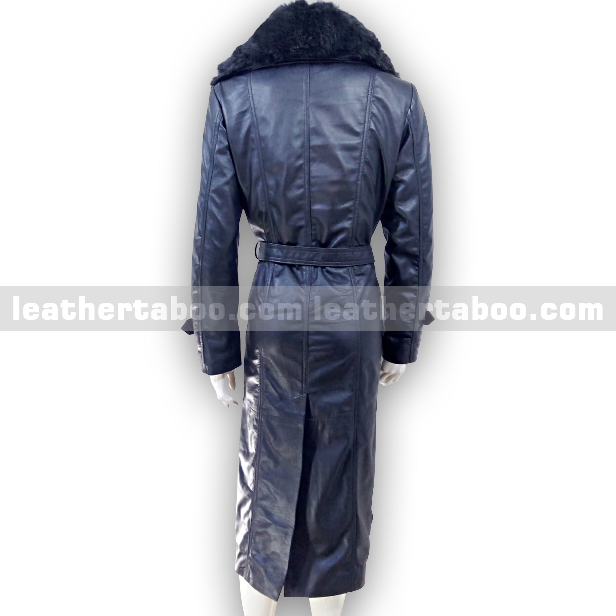 Women's Long Black Sheepskin Leather Trench Coat with Belt & Original Faux Fur Collar | Full-Length Winter Leather Outerwear