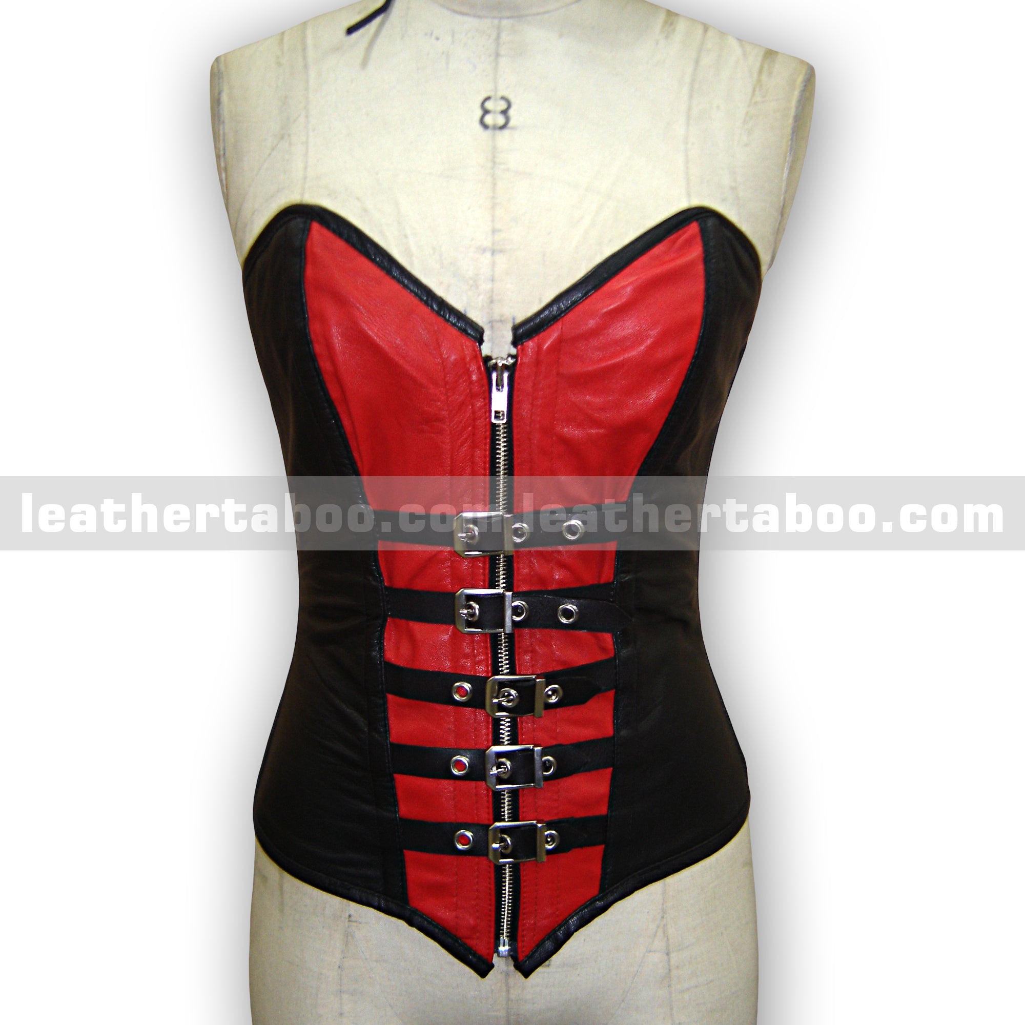 Women's Premium Sheepskin Leather Corset Top – Black and Red with Buckle & Zipper Details