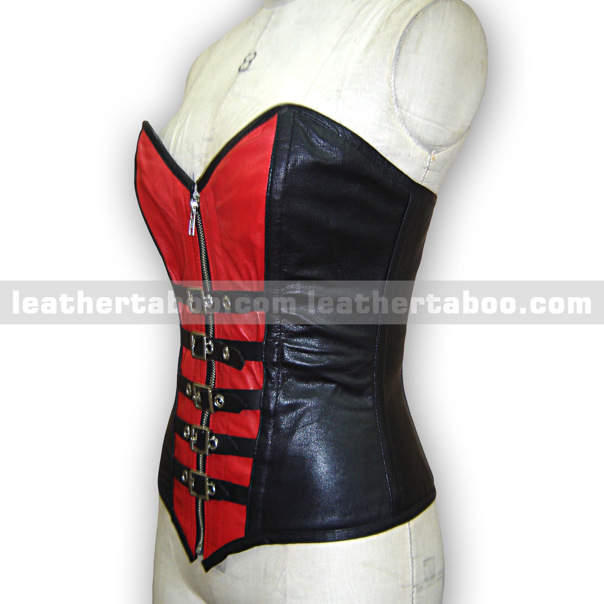 Women's Premium Sheepskin Leather Corset Top – Black and Red with Buckle & Zipper Details