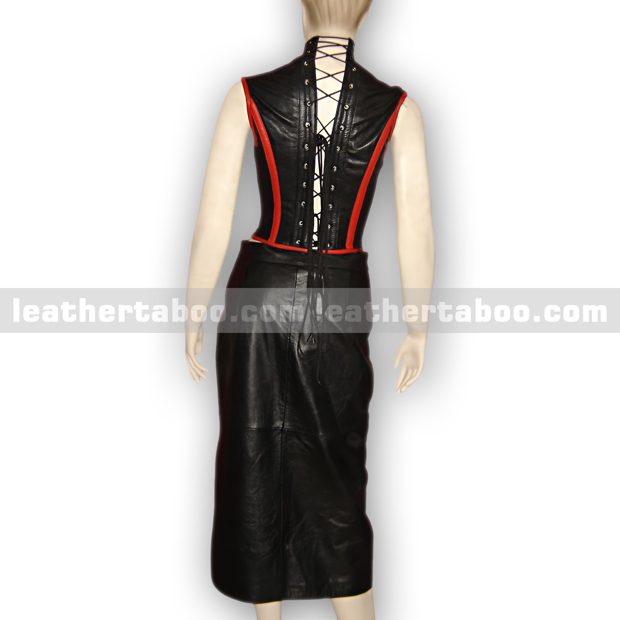 Premium Sheepskin Leather Corset Dress for Women – High Neck Style with Red Trim, Front Zipper Skirt – Elegant Statement Piece