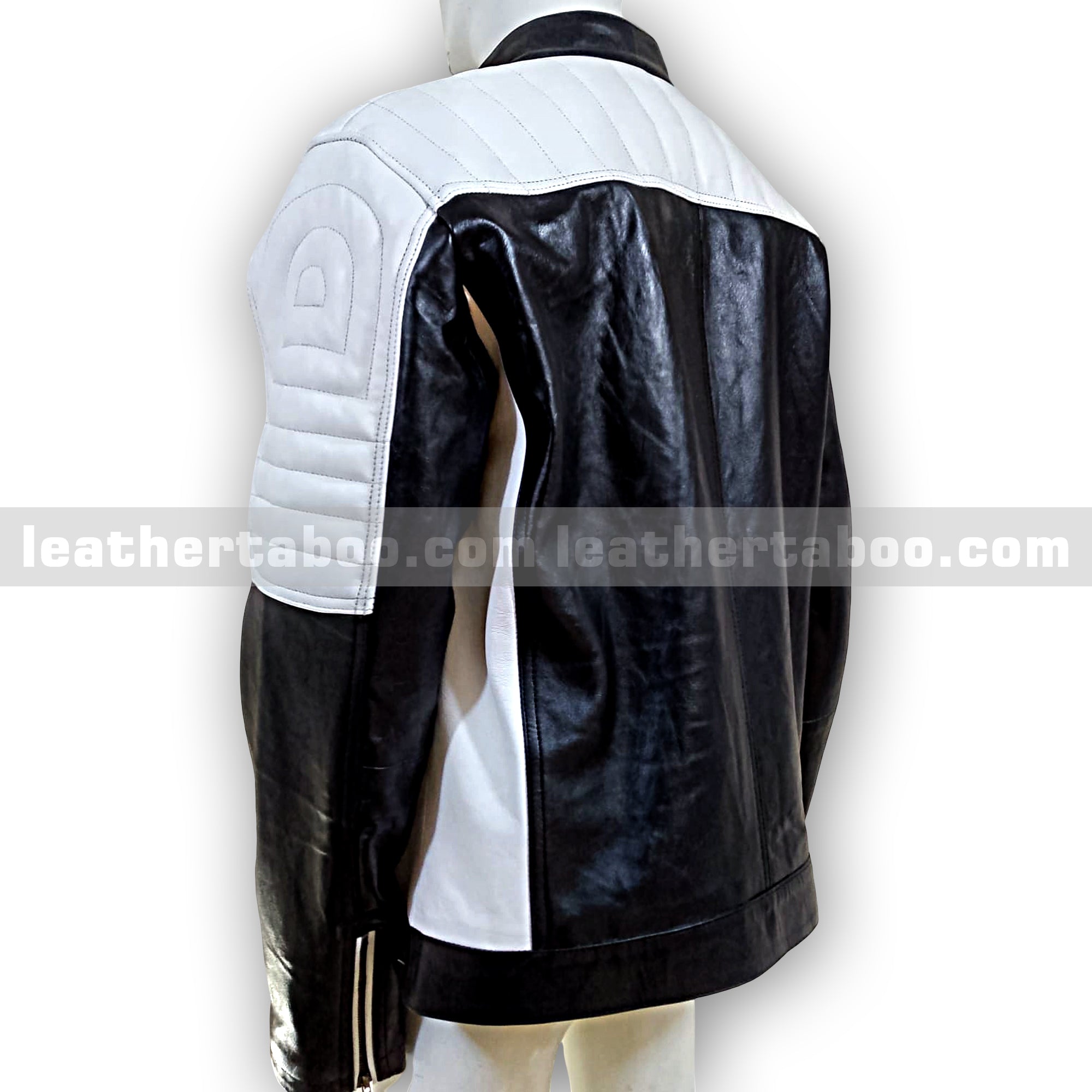 Men's Premium Cowhide Leather Biker Jacket with White Shoulder Panels and Zipper Details – Streetwear Style Outerwear