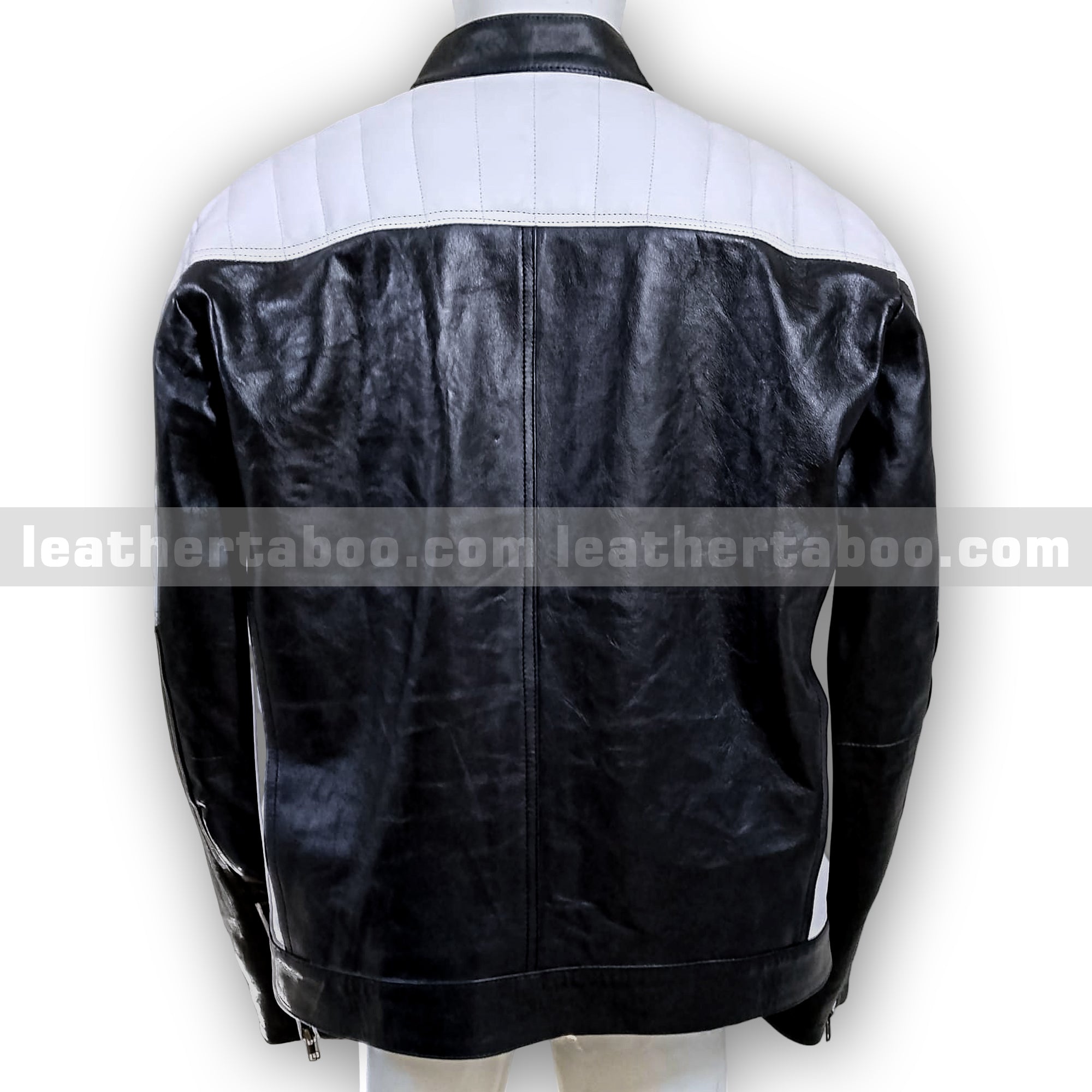 Men's Premium Cowhide Leather Biker Jacket with White Shoulder Panels and Zipper Details – Streetwear Style Outerwear
