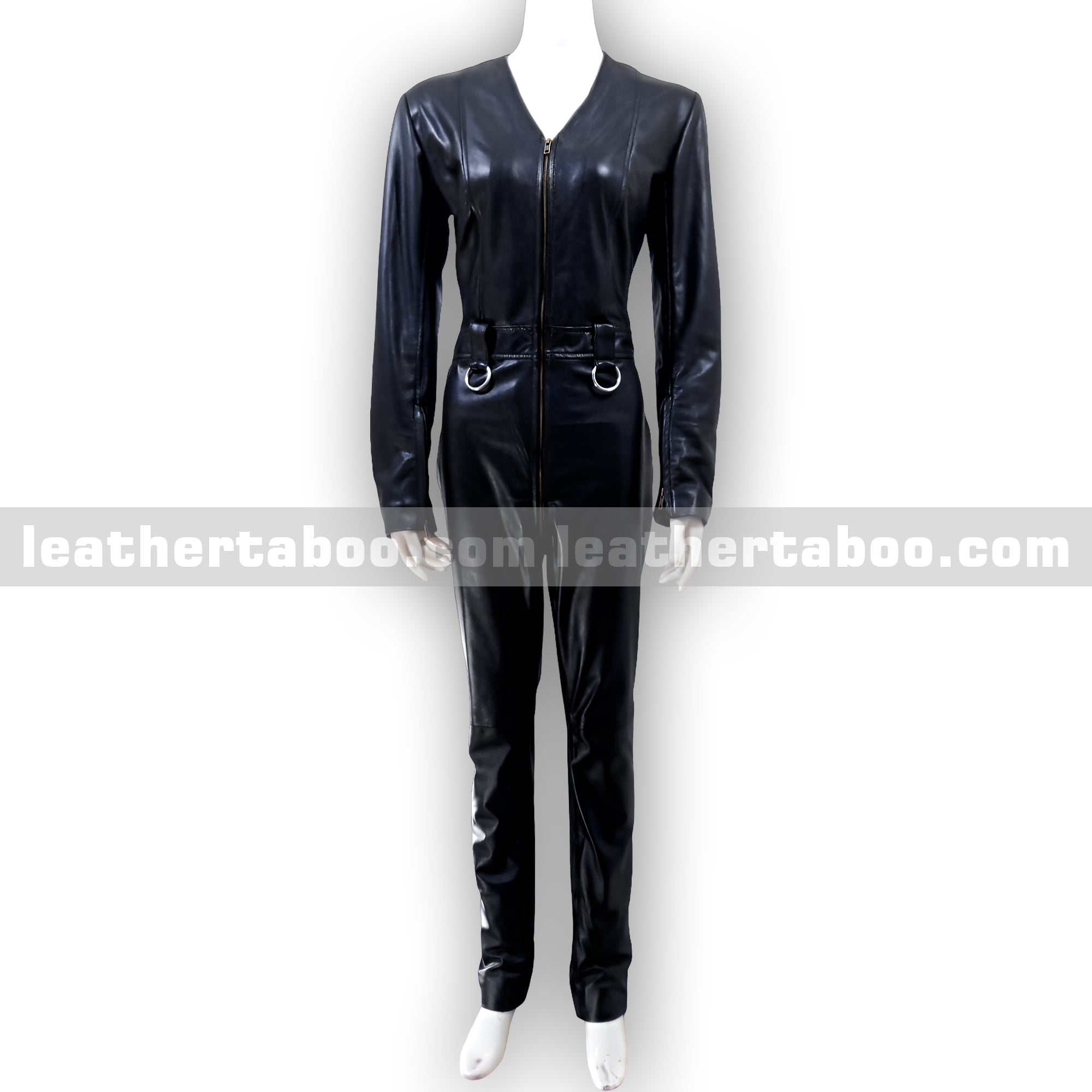 Women's Premium Sheepskin Leather Jumpsuit – Black Full-Body Zipper Suit with Ring Accents for Styling, Cosplay & Fashion Events