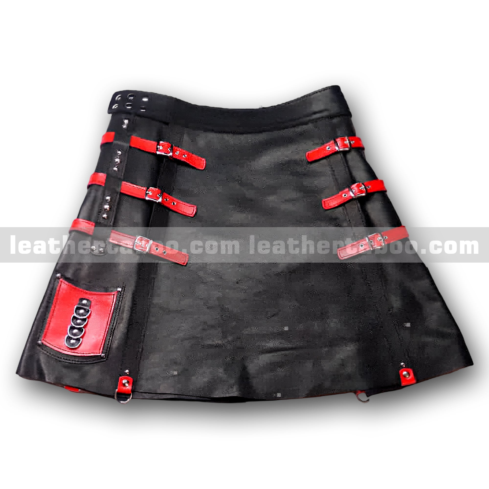 Unisex Premium Sheepskin Leather Black Skirt with Red Buckle Straps | Adjustable Waist Skirt for Fashion & Statement Wear