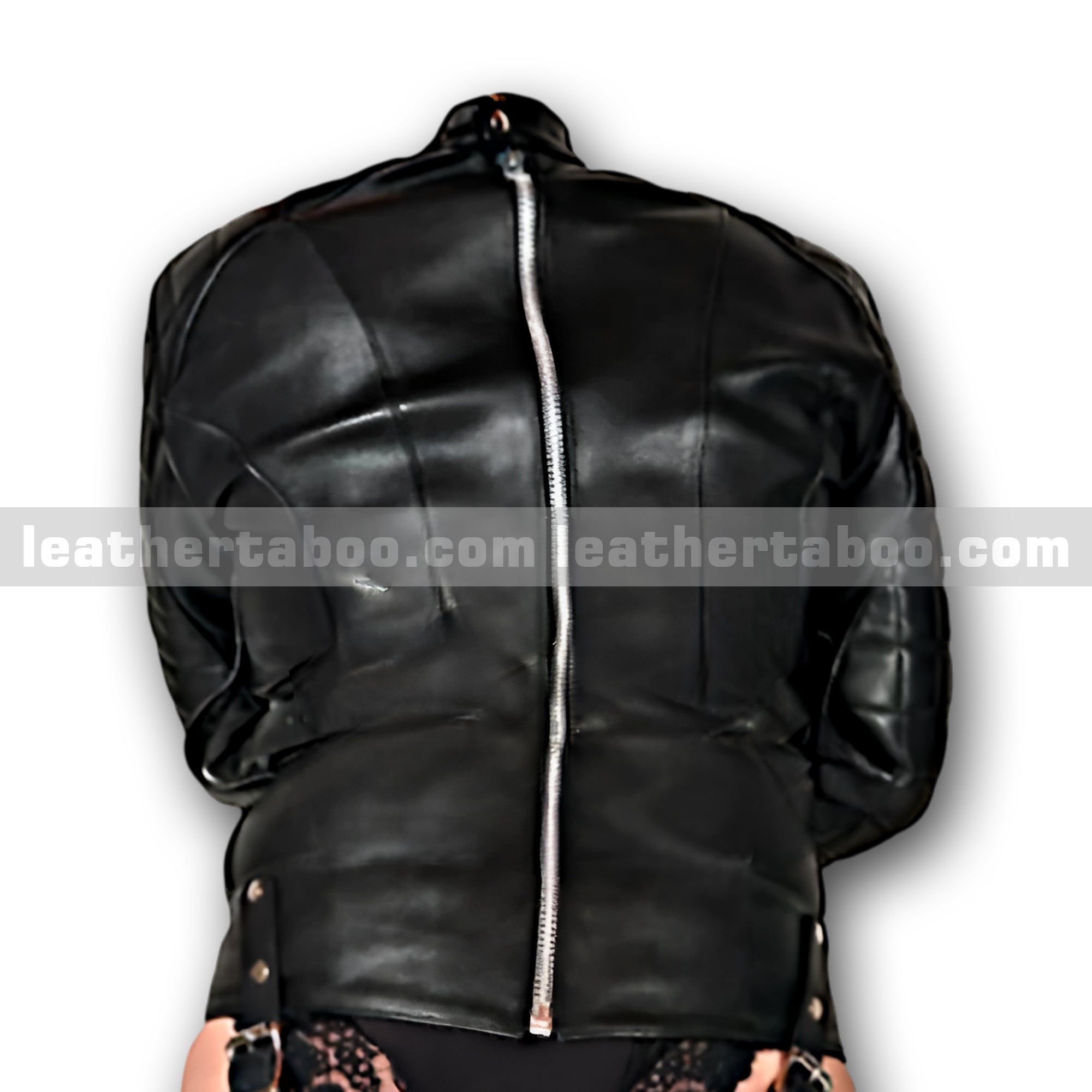 Premium Cowhide Leather Black Straitjacket with Quilted Sleeves, Rear Zipper Closure and Adjustable Buckle Straps for Unisex