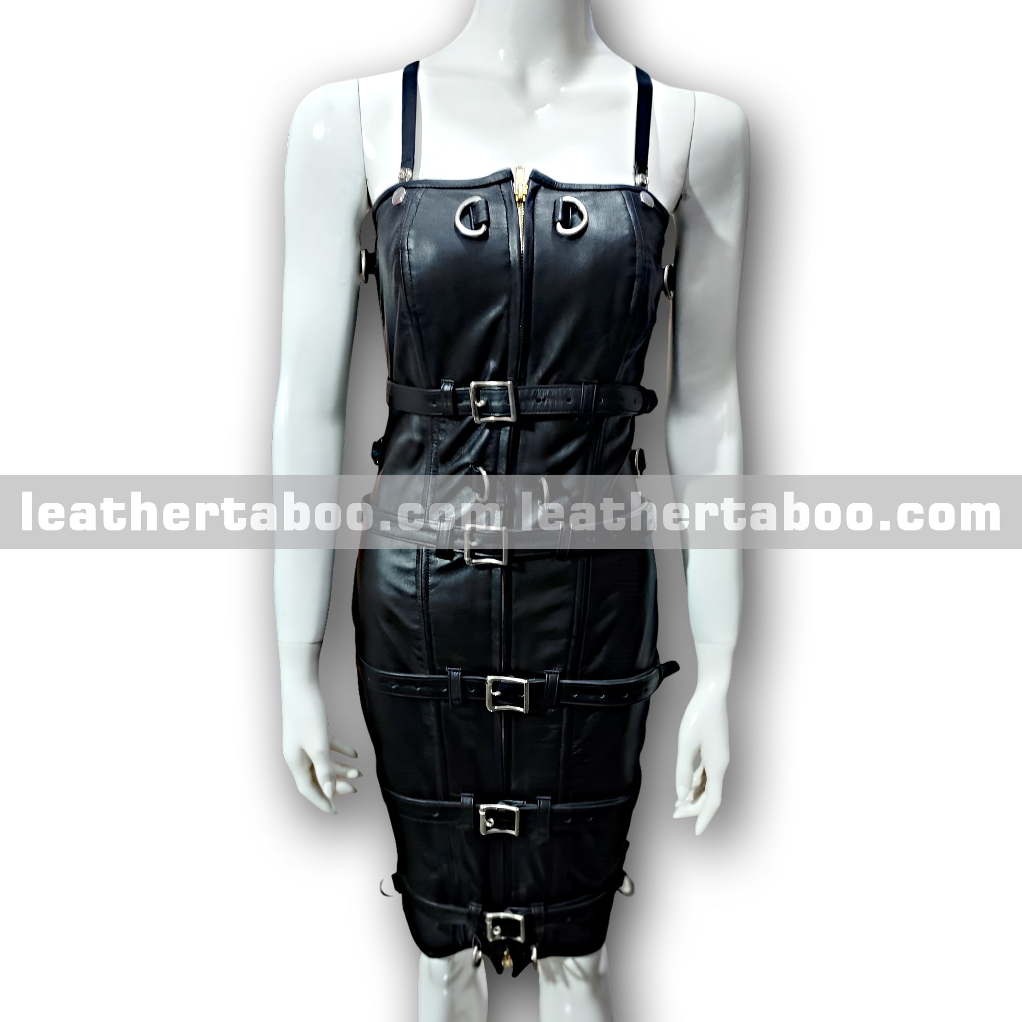 Women’s Premium Sheepskin Leather Buckled Dress with Front Zipper, Lace-Up Back, and Adjustable Fit – Bold Bodycon Style