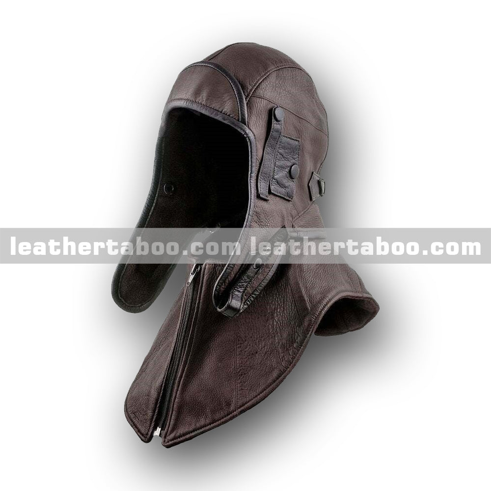 Brown Sheepskin Leather Hooded Helmet with Face Shield and Zippered Collar – Full Head Protective Design for Themed Wear