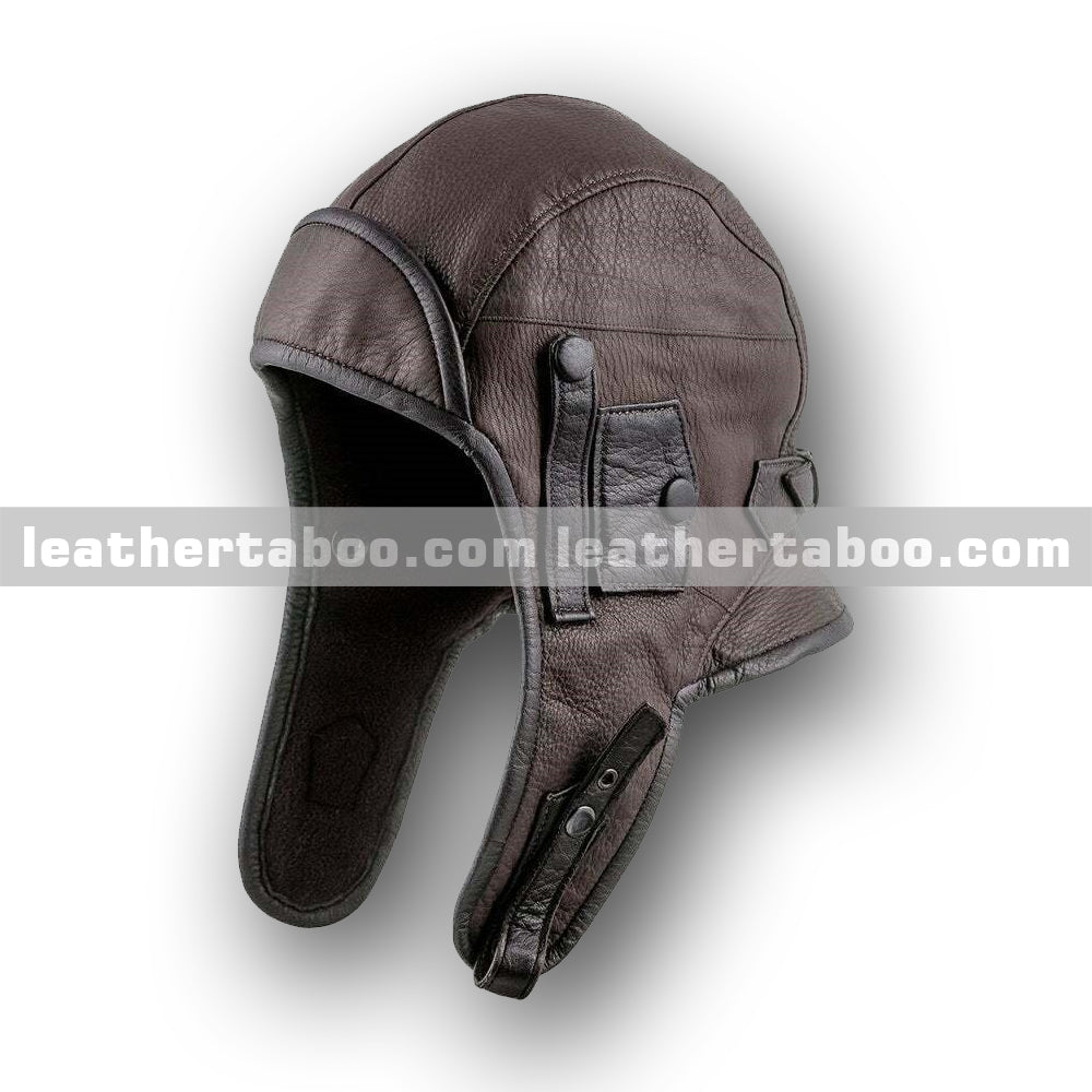 Brown Sheepskin Leather Hooded Helmet with Face Shield and Zippered Collar – Full Head Protective Design for Themed Wear