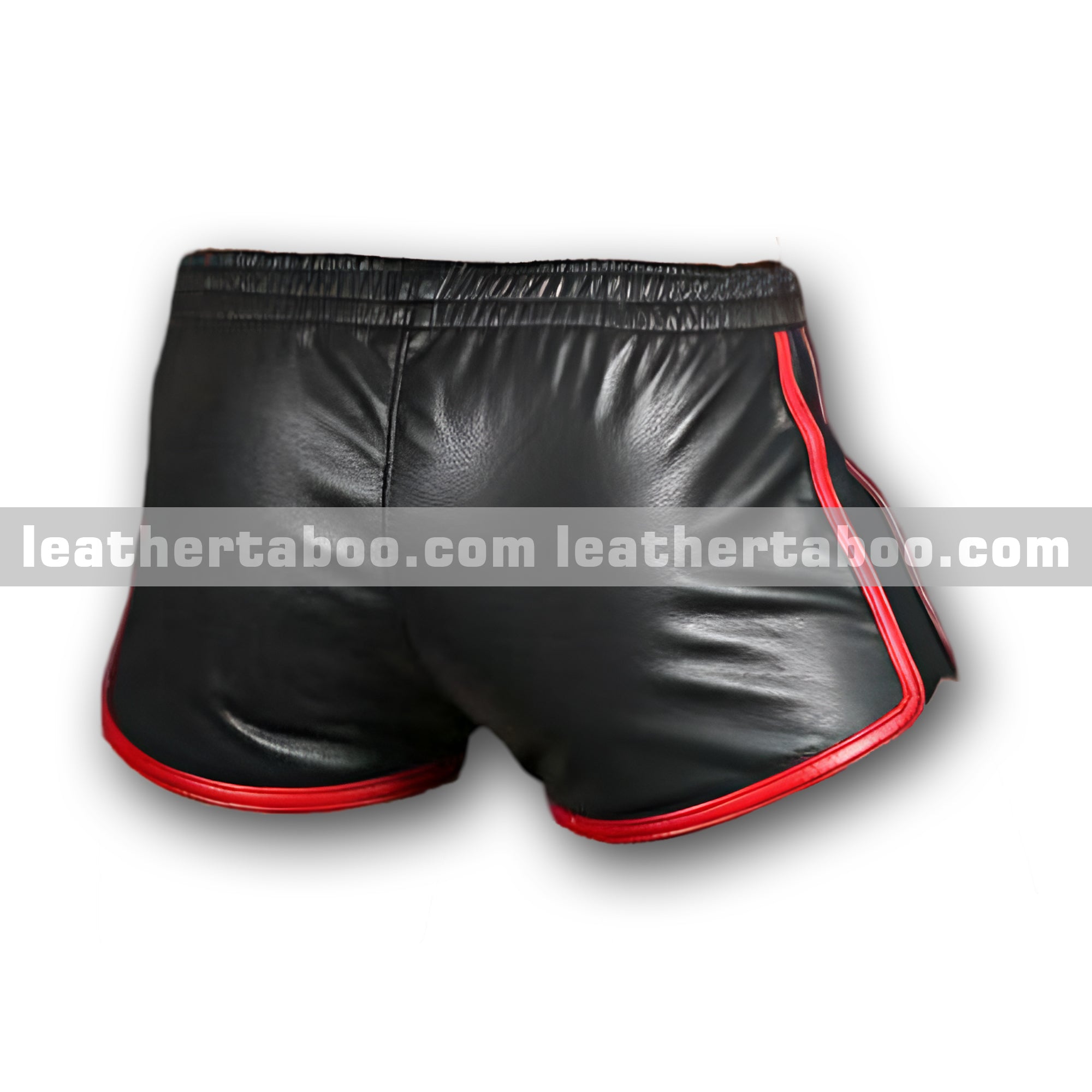 Men’s Black Sheepskin Leather Shorts with Red Side Trim – Elastic Waistband and Fitted Sport Style for Modern Streetwear