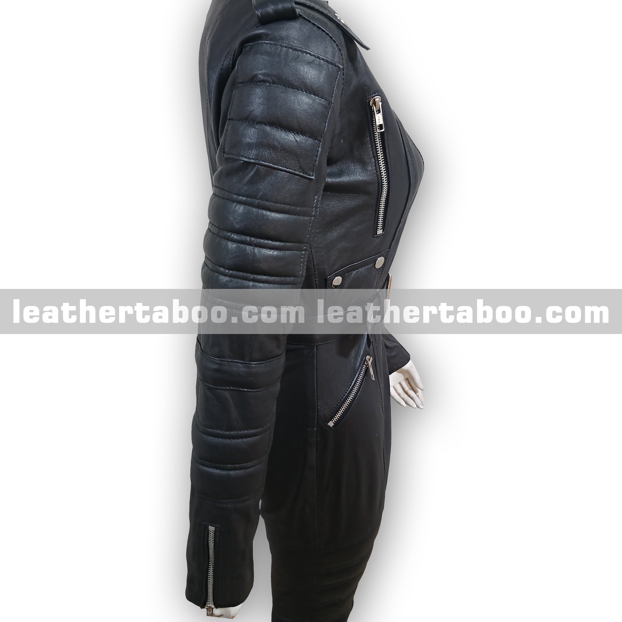 Women’s Black Sheepskin Leather Jumpsuit with Belt, Quilted Sleeves, Zipper Pockets, Shoulder Epaulets, Slim Fit Full Body Suit | Mature