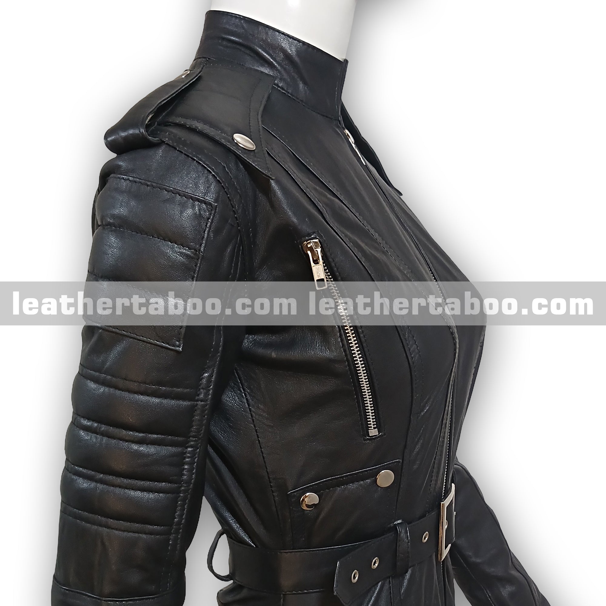 Women’s Black Sheepskin Leather Jumpsuit with Belt, Quilted Sleeves, Zipper Pockets, Shoulder Epaulets, Slim Fit Full Body Suit | Mature