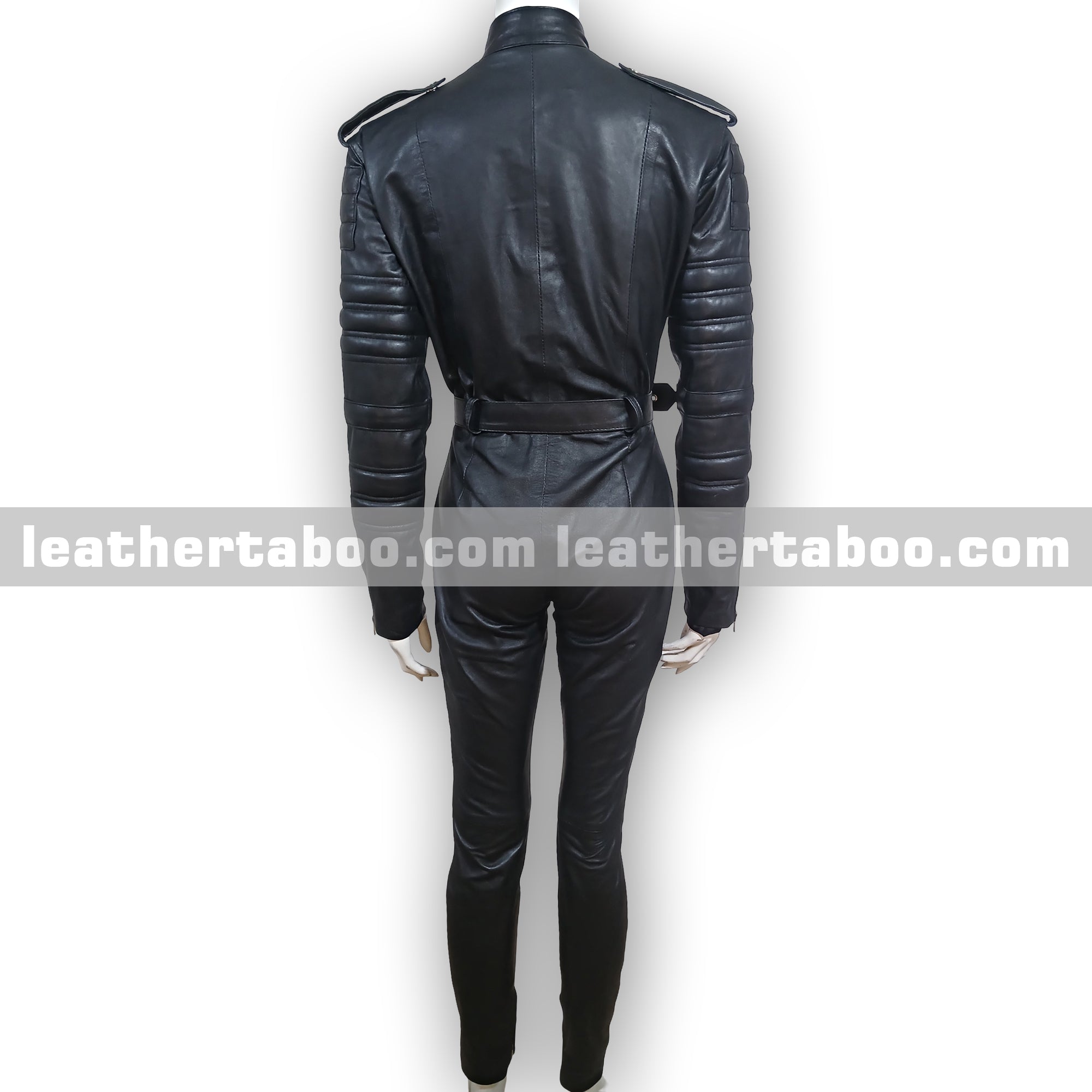 Women’s Black Sheepskin Leather Jumpsuit with Belt, Quilted Sleeves, Zipper Pockets, Shoulder Epaulets, Slim Fit Full Body Suit | Mature