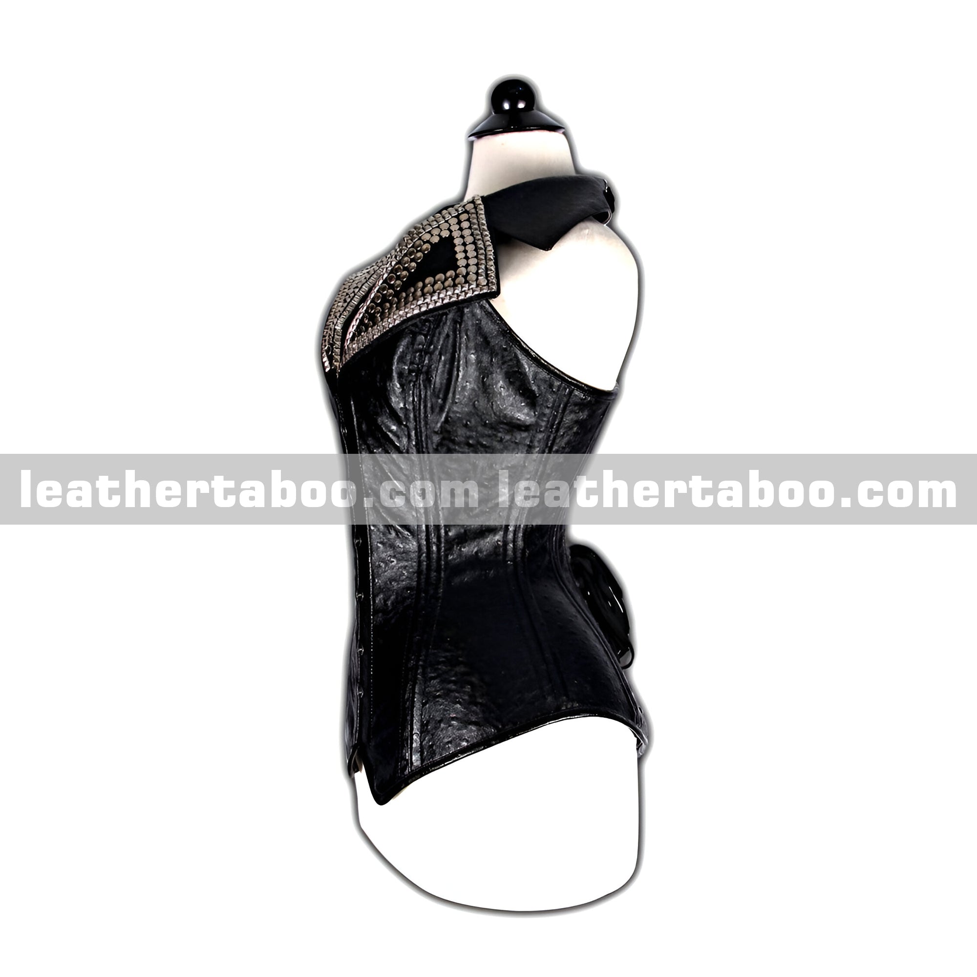 Premium Sheepskin Leather Corset for Women – Black Steel Boned Waist Cincher with Studded Collar & Adjustable Lace-Up Back