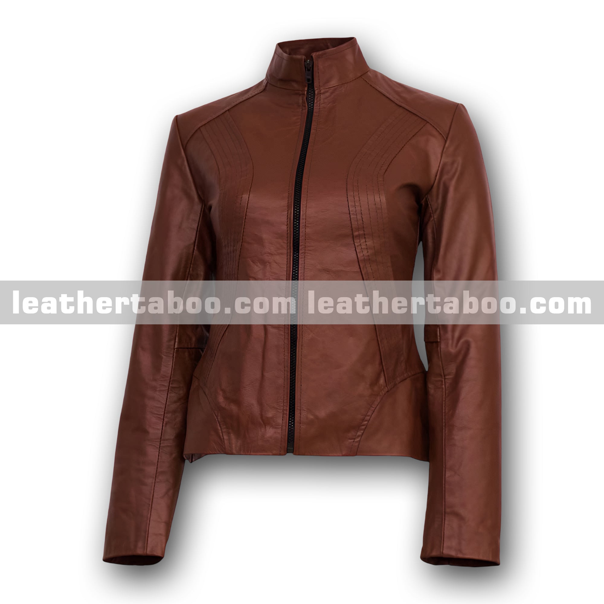 Premium Women’s Sheepskin Leather Jacket – Brown Slim Fit Moto Style with Zipper Front and Elegant Stand Collar Look