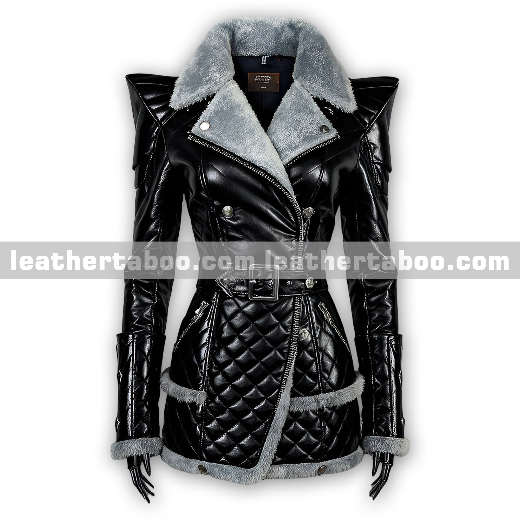 Premium Black Sheepskin Leather Winter Coat with Quilted Design, Soft Fur Trim, Belted Waist, and Front Zipper Closure