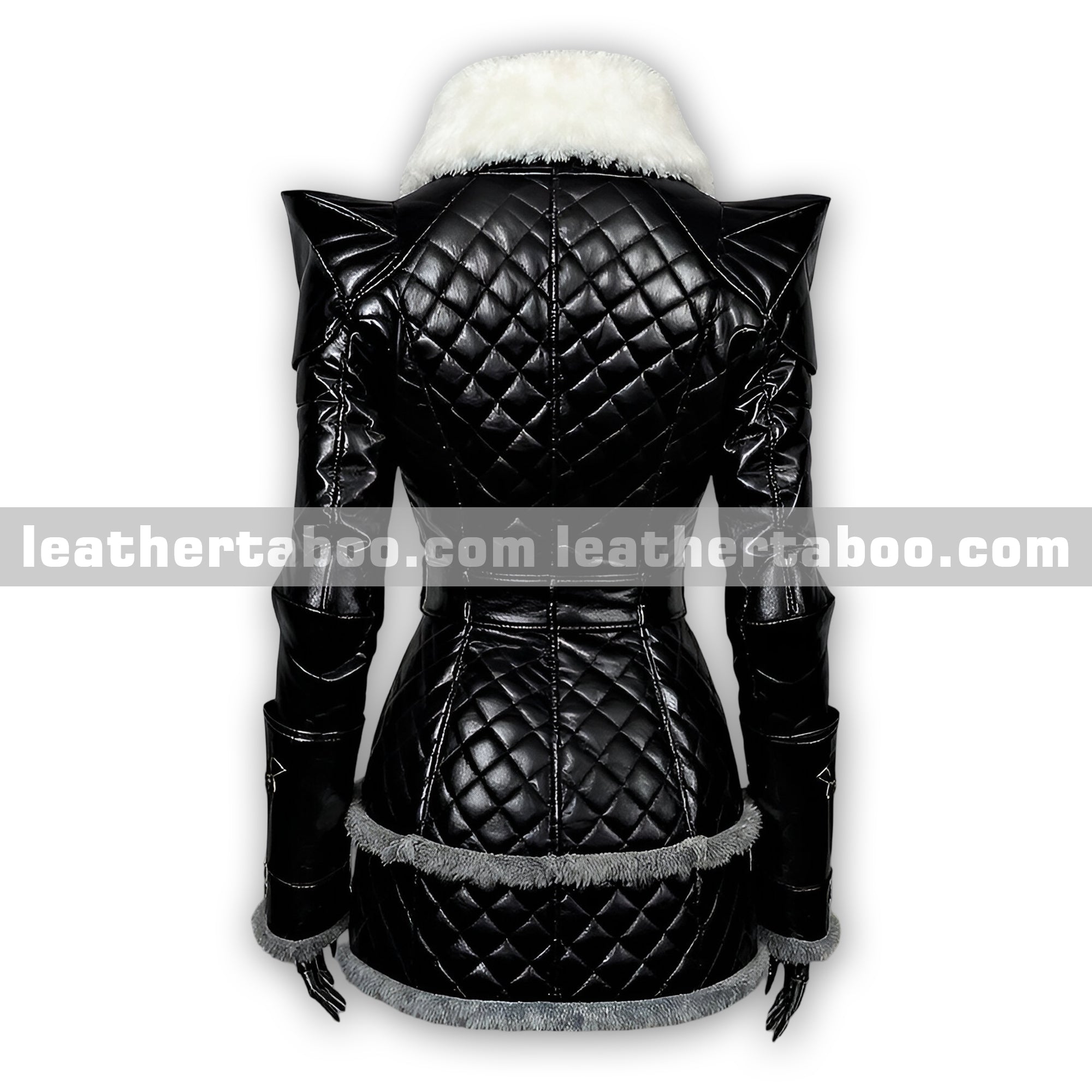 Premium Black Sheepskin Leather Winter Coat with Quilted Design, Soft Fur Trim, Belted Waist, and Front Zipper Closure