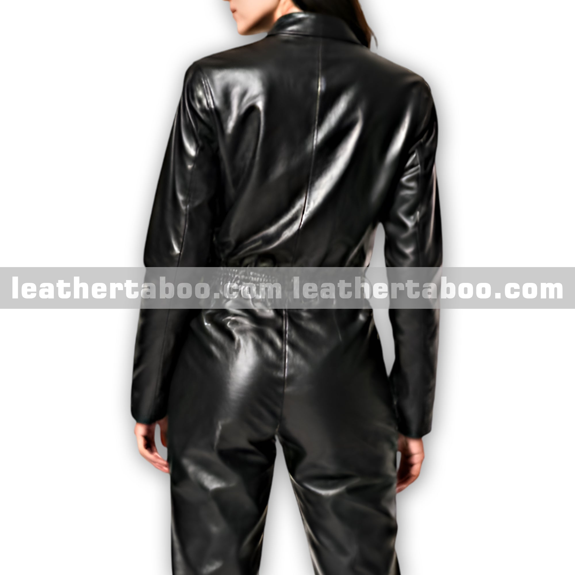 Women’s black leather jumpsuit | Premium sheepskin one piece outfit with zipper front | Stylish long sleeve full body suit