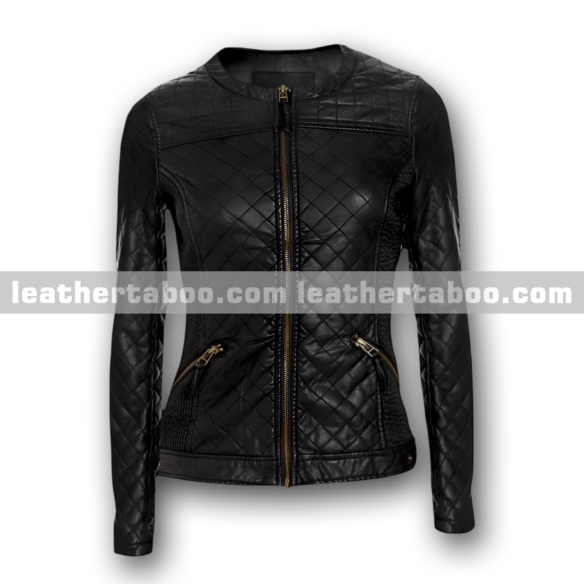 Quilted black leather jacket for women | Premium sheepskin with zipper closure | Stylish slim fit biker outerwear