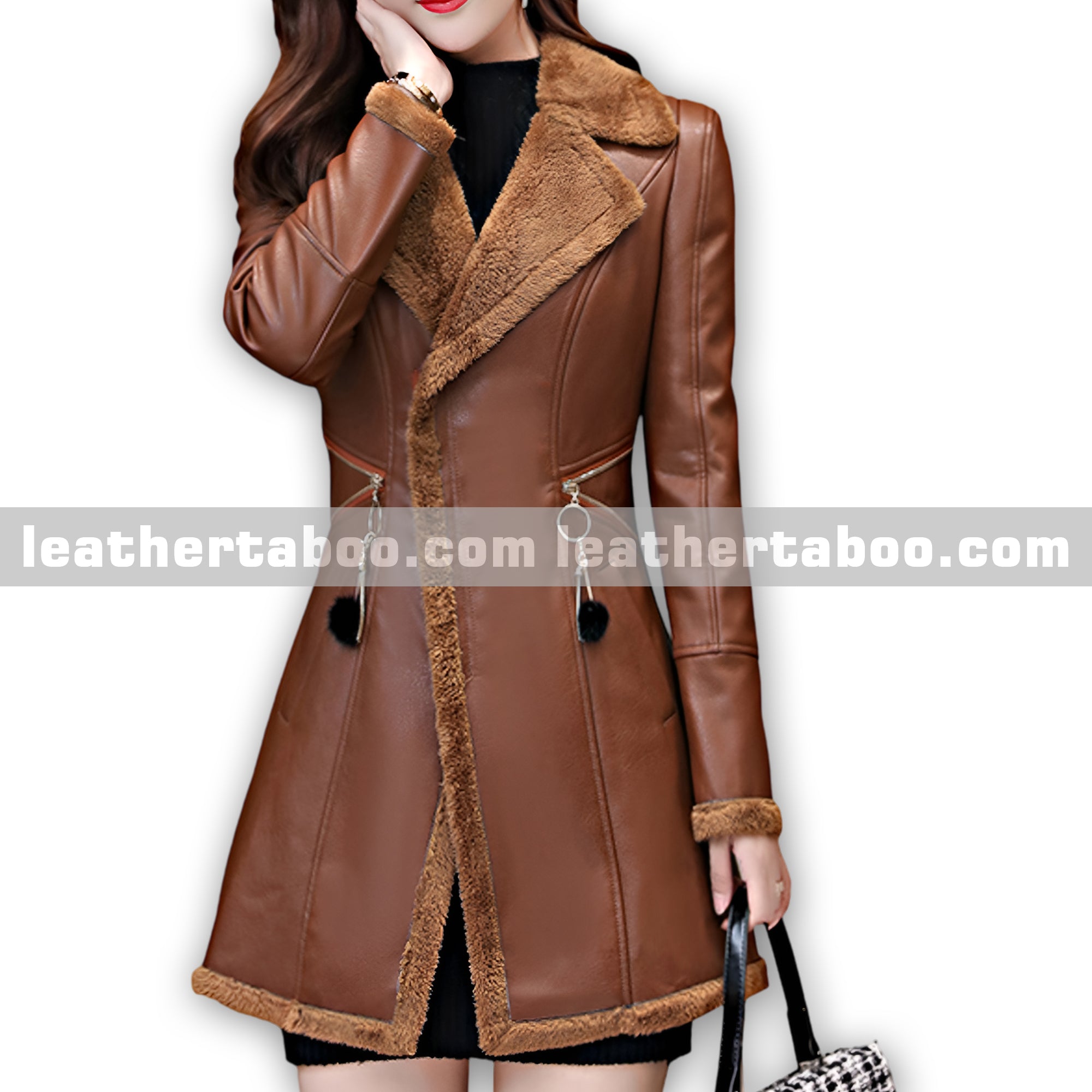 Women’s Brown Sheepskin Leather Coat – Lapel Collar Sherpa Shearling Faux Fur Lined Warm Classic Trench Style Jacket