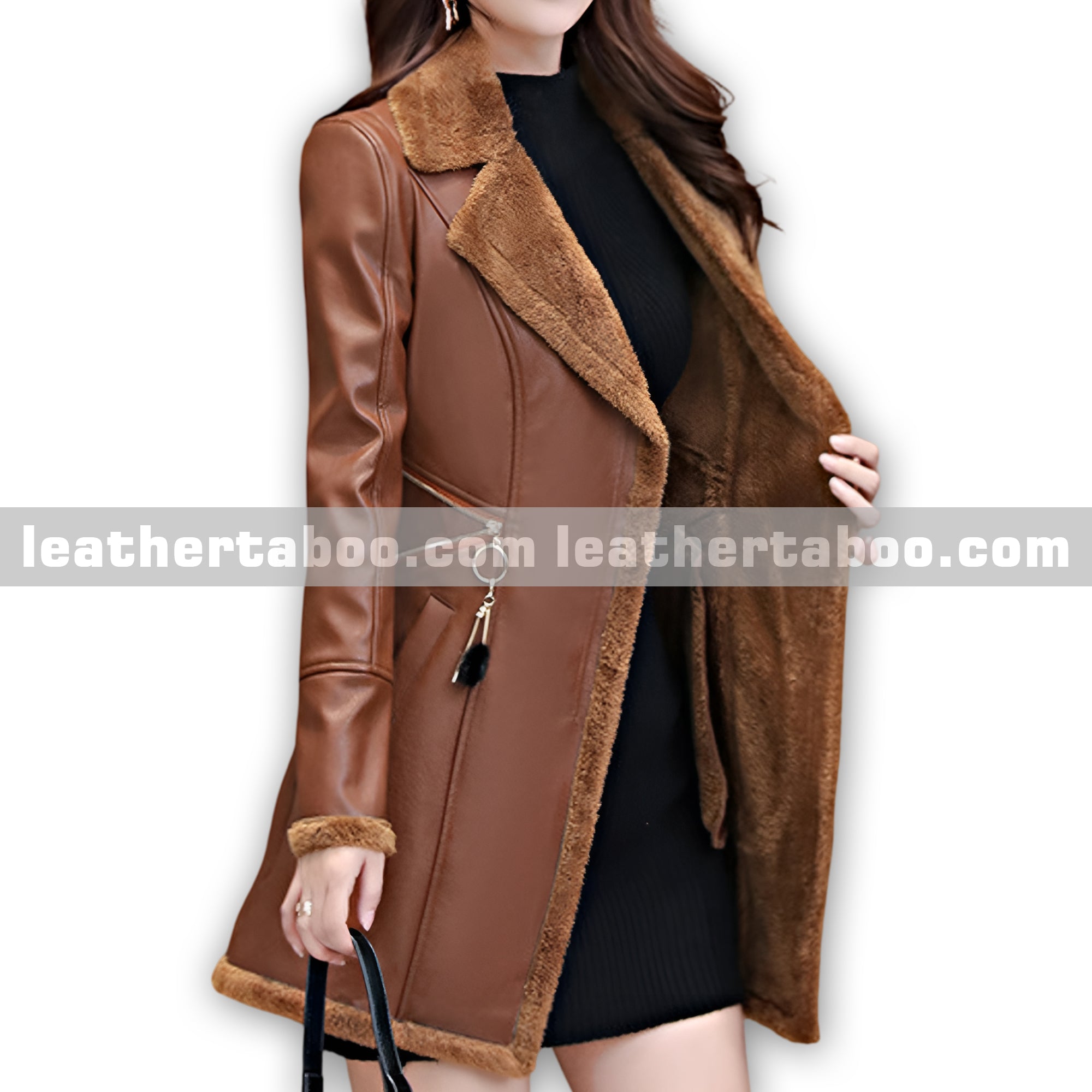 Women’s Brown Sheepskin Leather Coat – Lapel Collar Sherpa Shearling Faux Fur Lined Warm Classic Trench Style Jacket