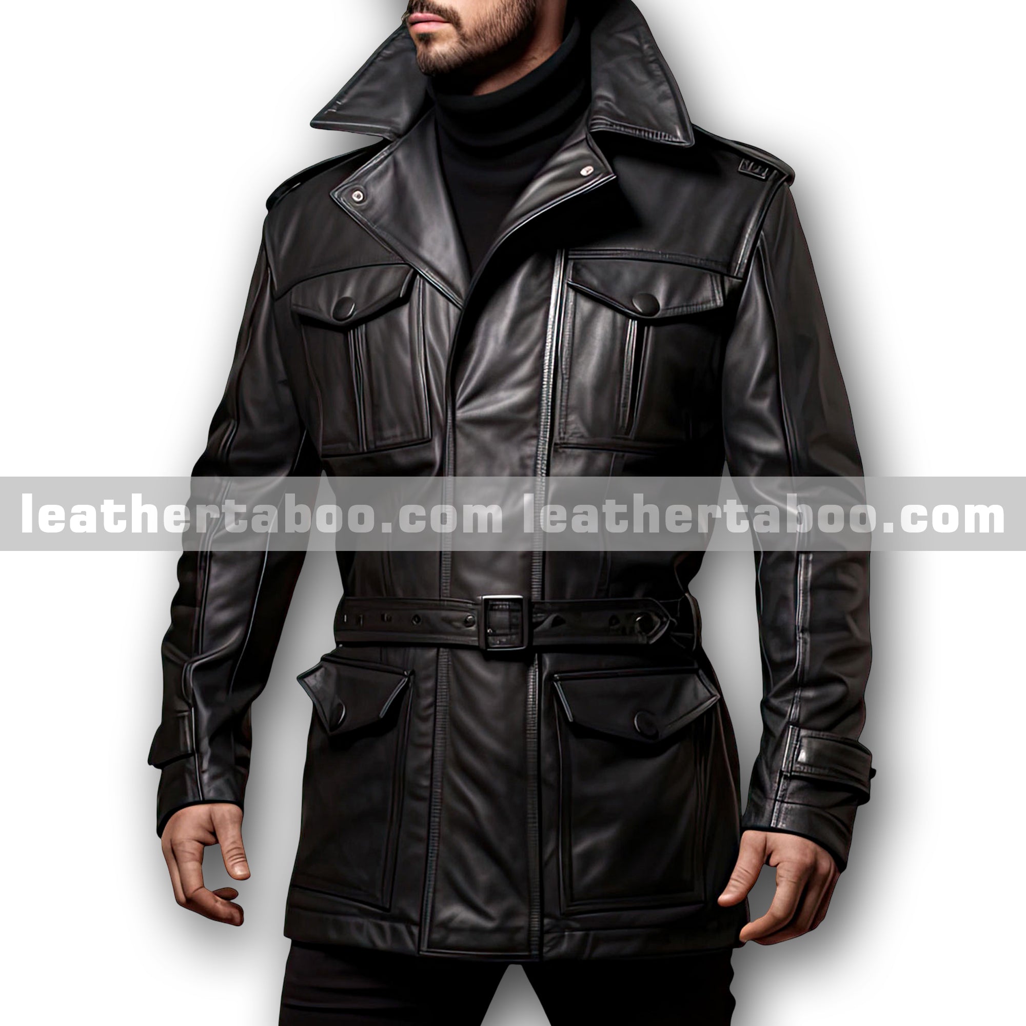 Men’s Black Genuine Cowhide Notched Lapel Collar Fashionable Formal Outfit Belted Smooth Zip-up Mid Length Leather Coat