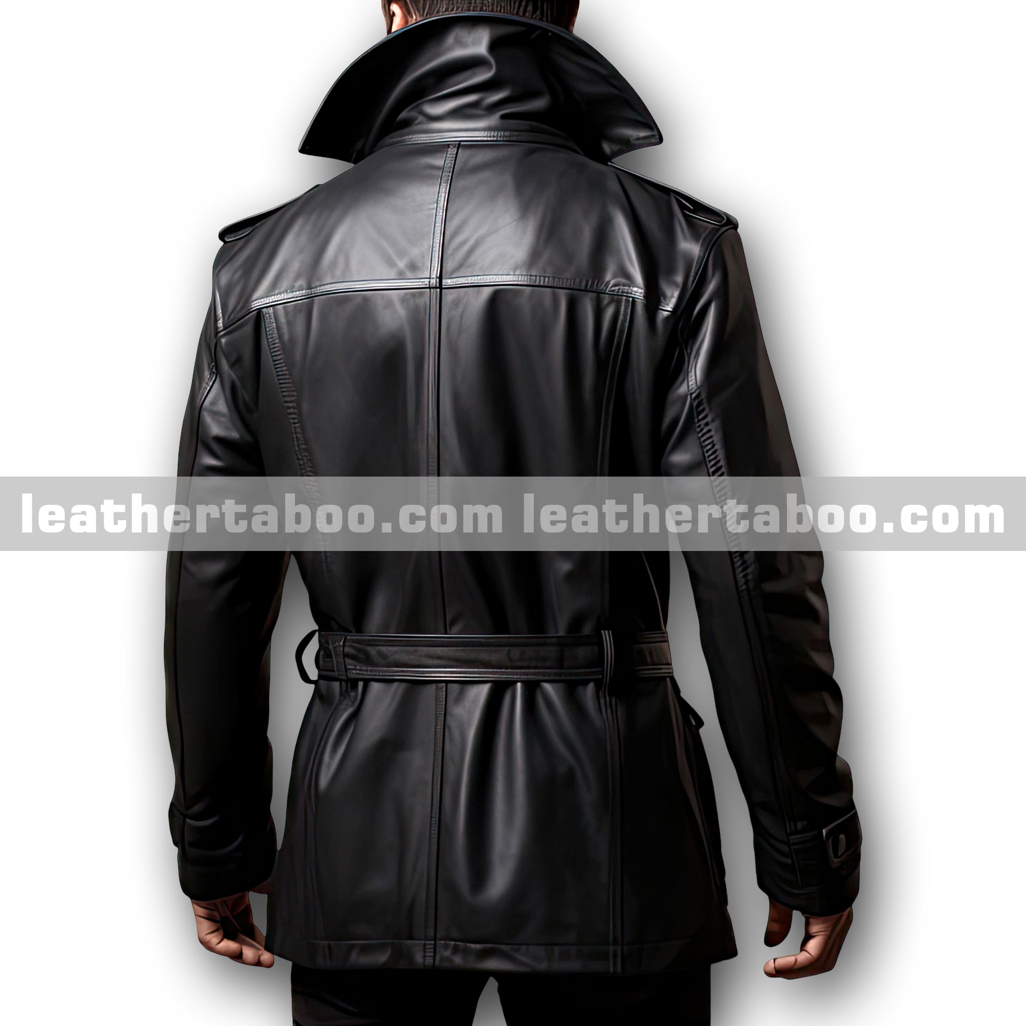 Men’s Black Genuine Cowhide Notched Lapel Collar Fashionable Formal Outfit Belted Smooth Zip-up Mid Length Leather Coat