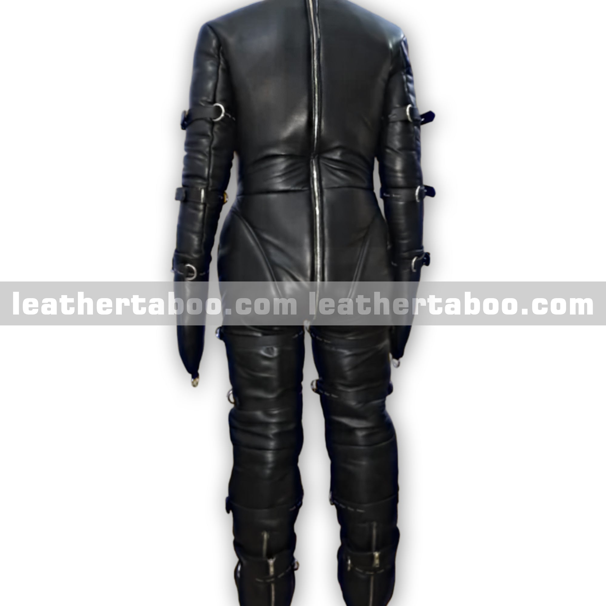 Premium Cowhide Leather Black Full Body Restraint Suit with Zipper Front and Adjustable Buckle Straps for Cosplay & Roleplay