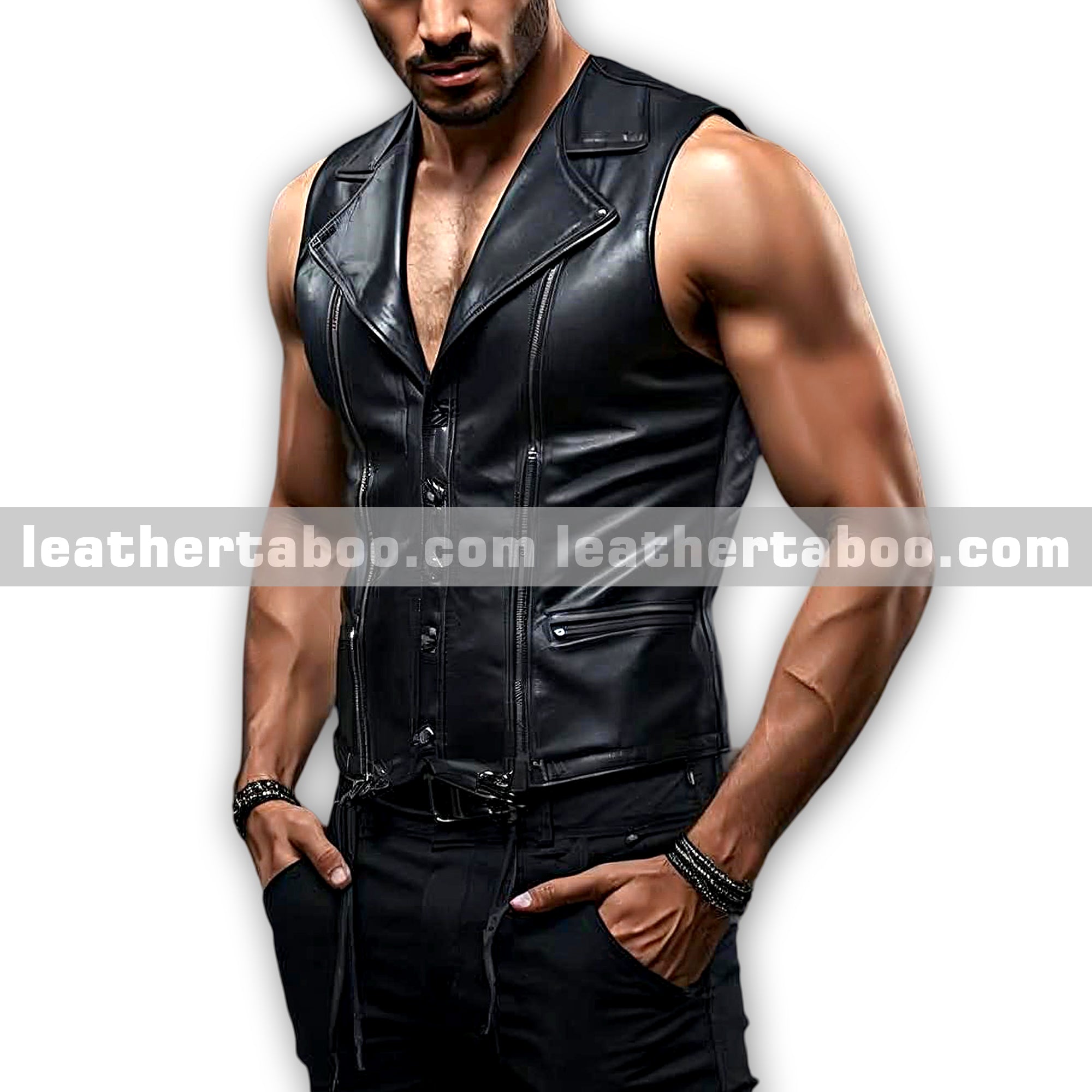 Mens Black Leather Vest | Sheepskin Sleeveless Biker Look | Button Down Vest with Back Lace Detailing | Stylish Outfit