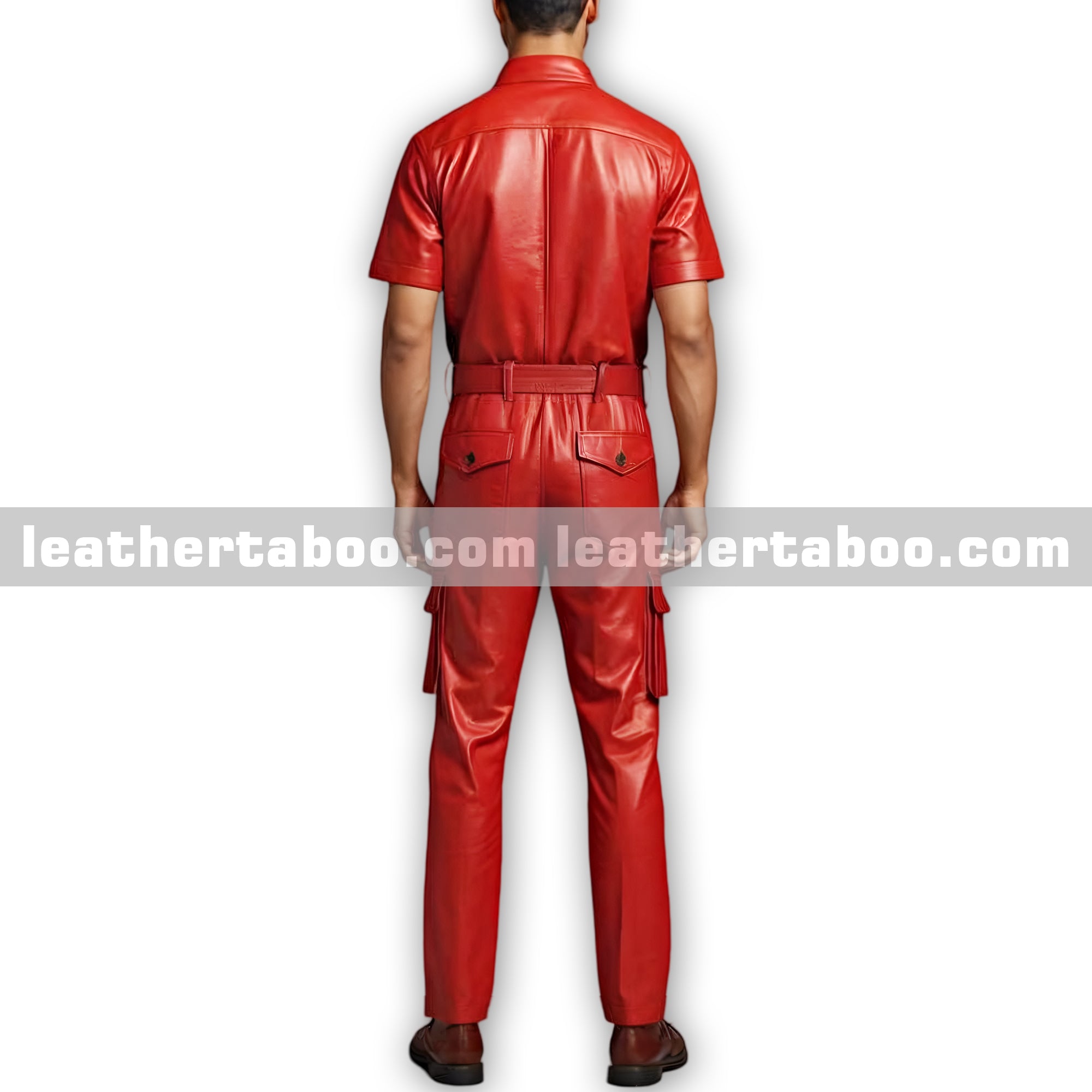 Men’s Premium Sheepskin Leather Jumpsuit | Red Belted Coverall with Short Sleeves