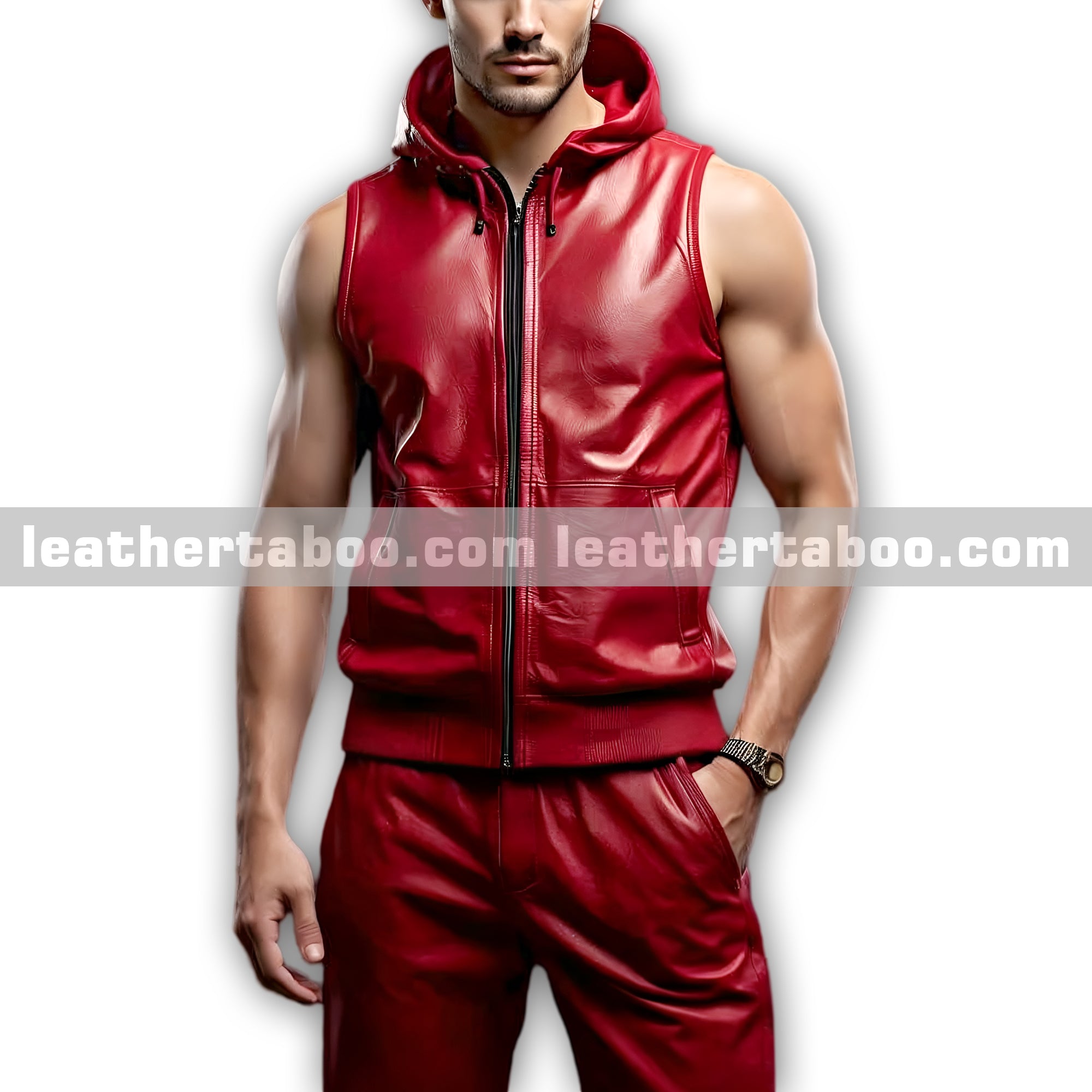 Red Leather Sleeveless Tracksuit for Men – Premium Sheepskin Jogger Pants and Hoodie Vest Set