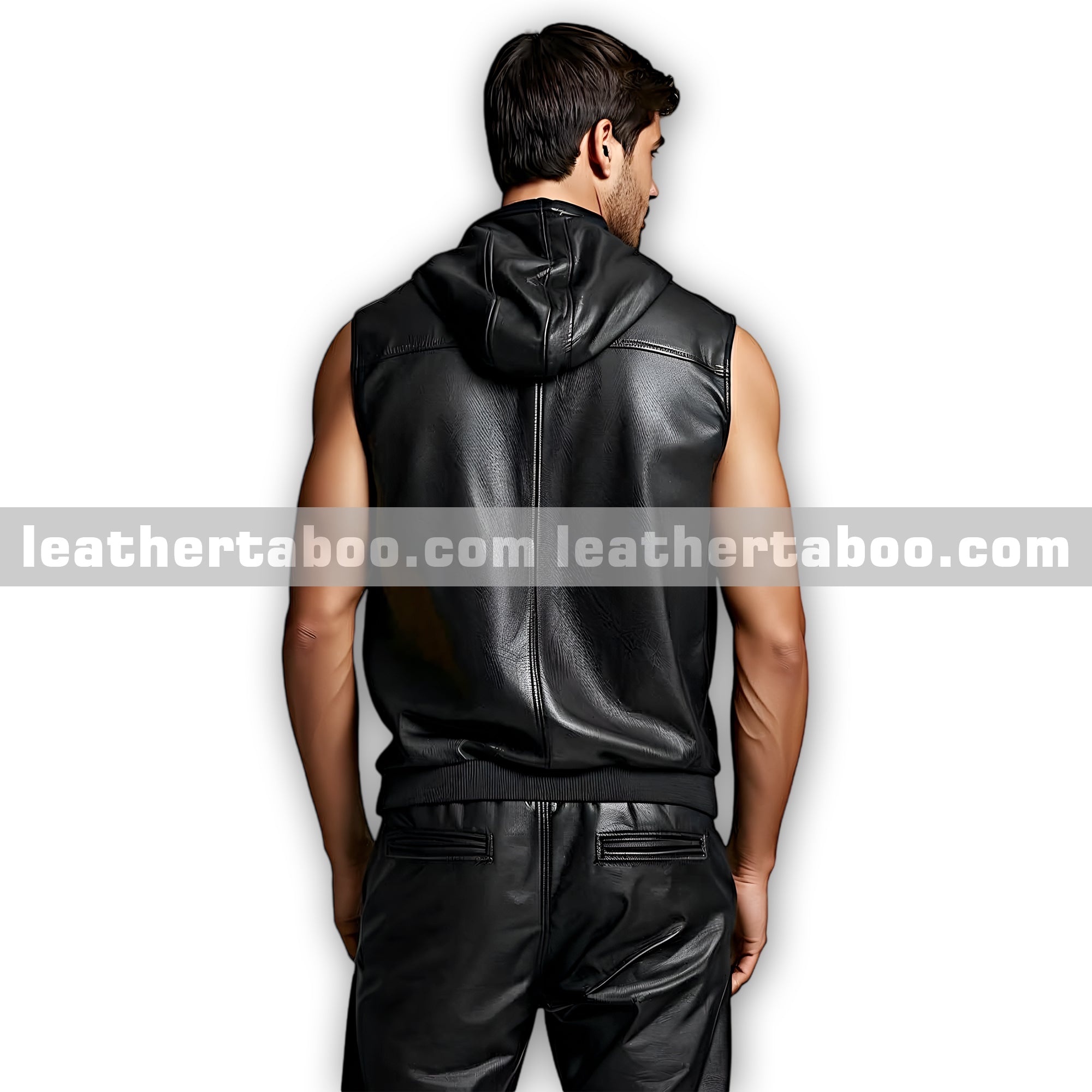 Men’s Leather Sleeveless Zip Hoodie and Pants | Stylish Black Sheepskin Tracksuit Outfit
