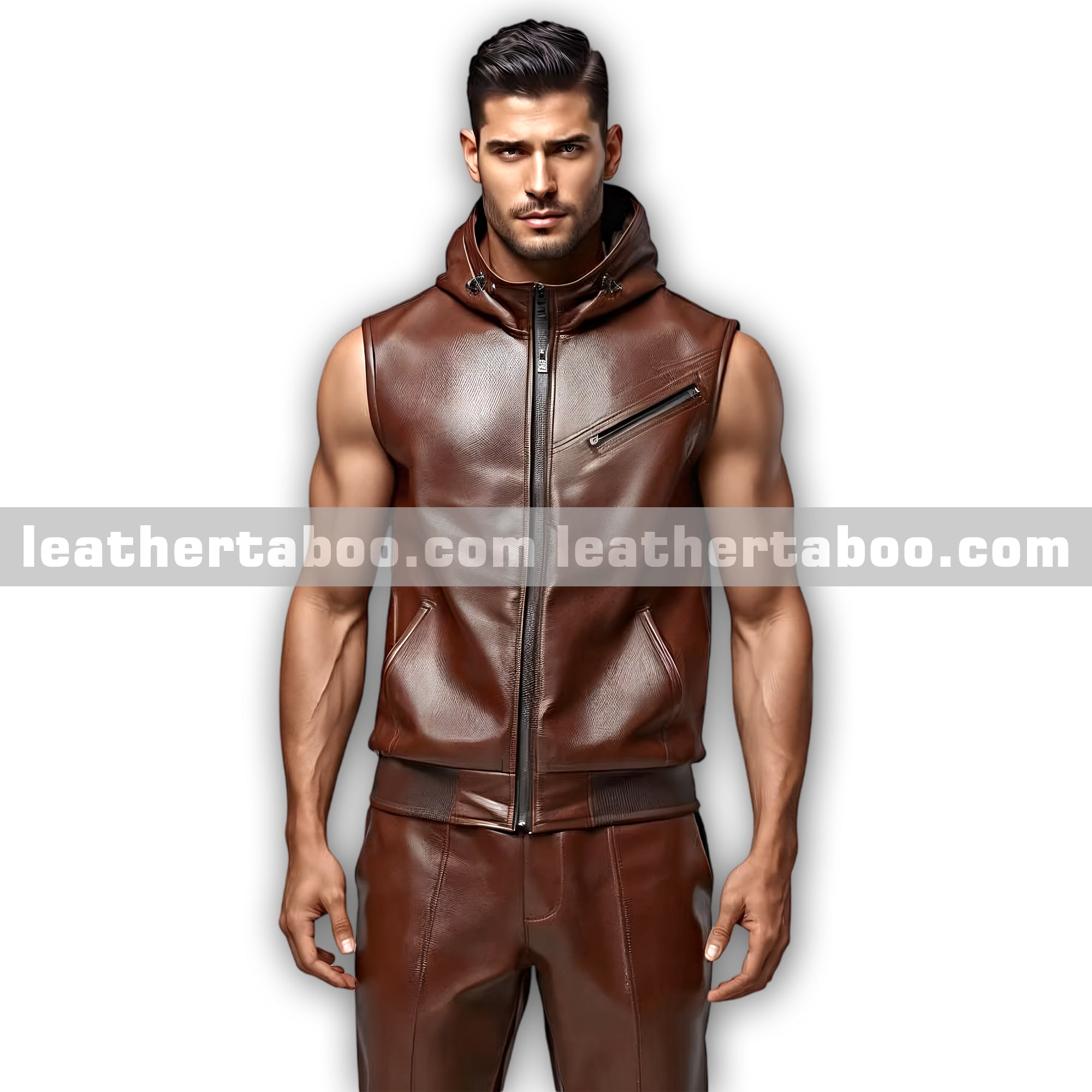 Men’s Brown Leather Sleeveless Hoodie and Jogger Pants | Premium Sheepskin Tracksuit Outfit