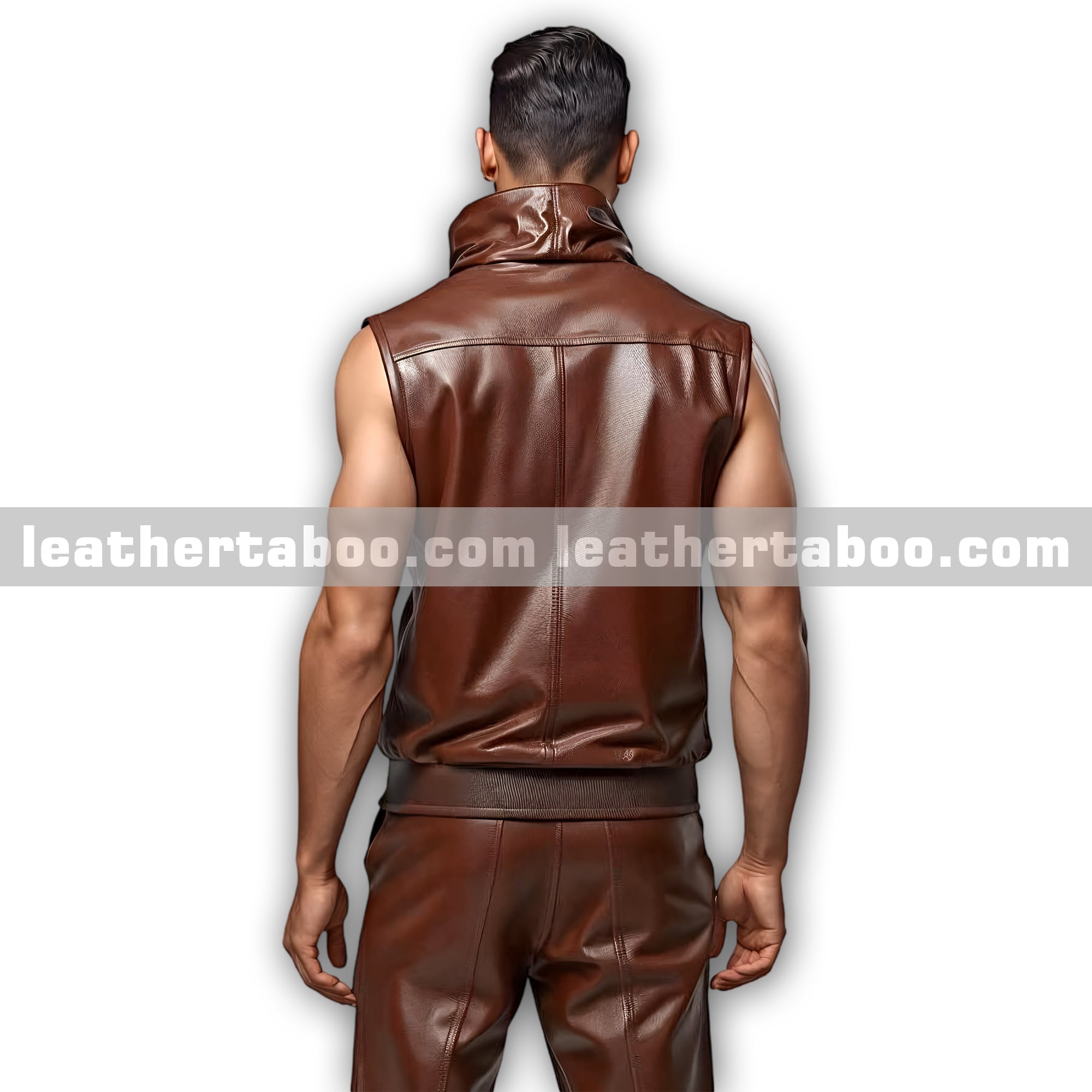 Men’s Brown Leather Sleeveless Hoodie and Jogger Pants | Premium Sheepskin Tracksuit Outfit