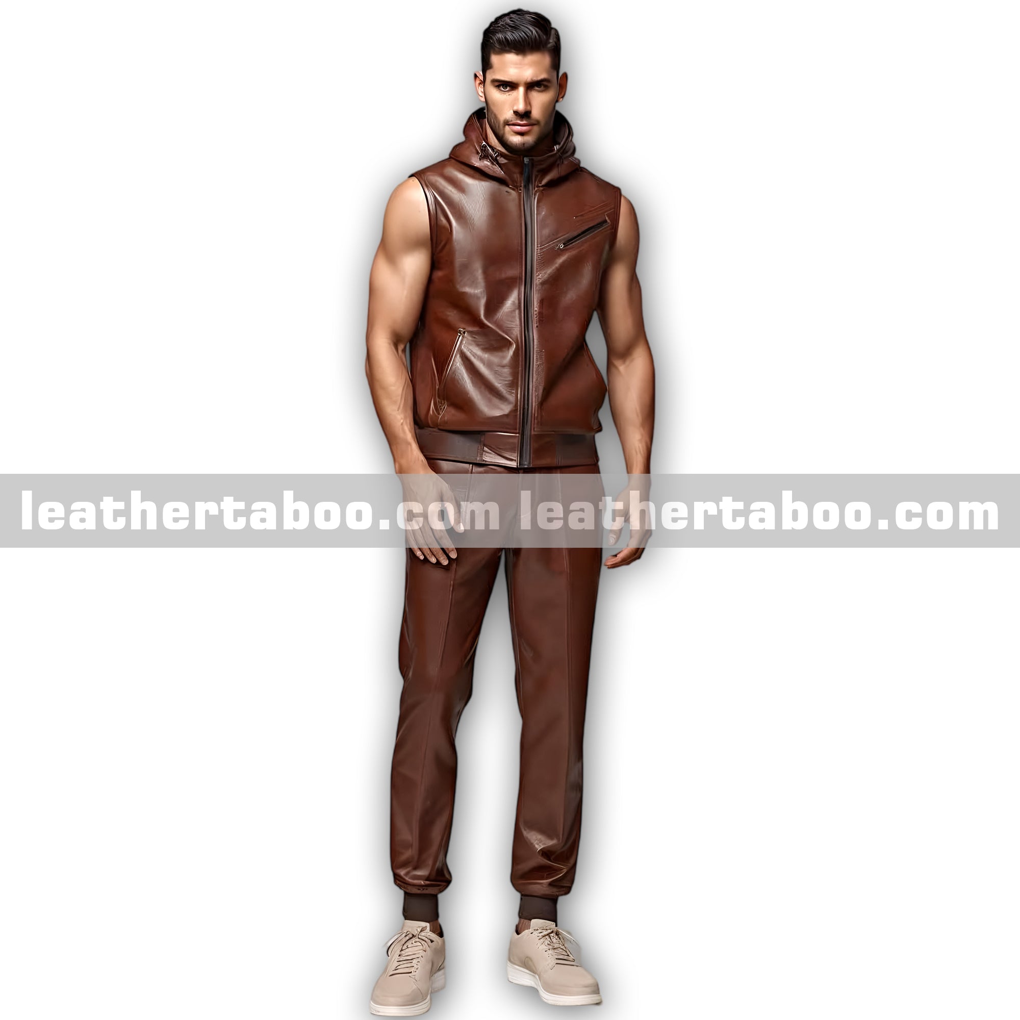 Men’s Brown Leather Sleeveless Hoodie and Jogger Pants | Premium Sheepskin Tracksuit Outfit