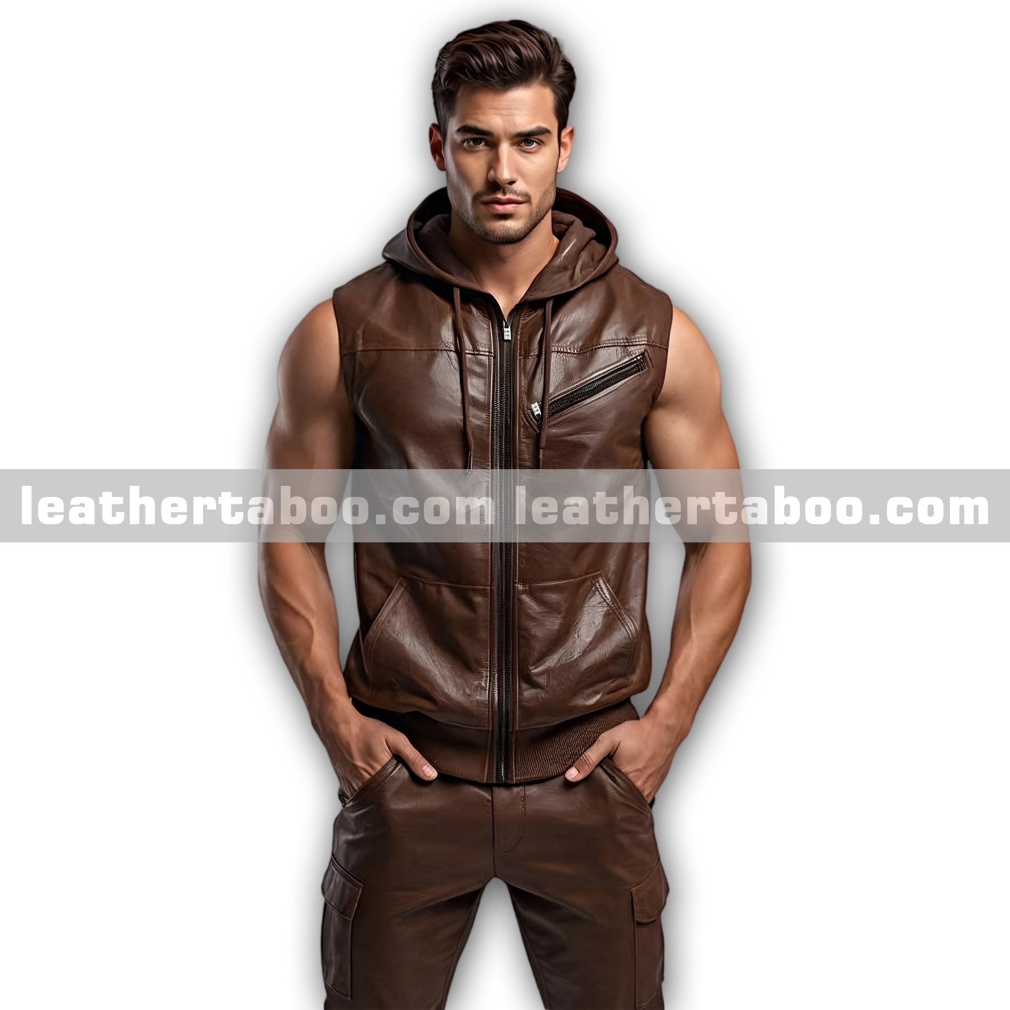 Men’s Brown Sheepskin Leather Hooded Vest and Trousers Outfit – Sleeveless Zipper Set