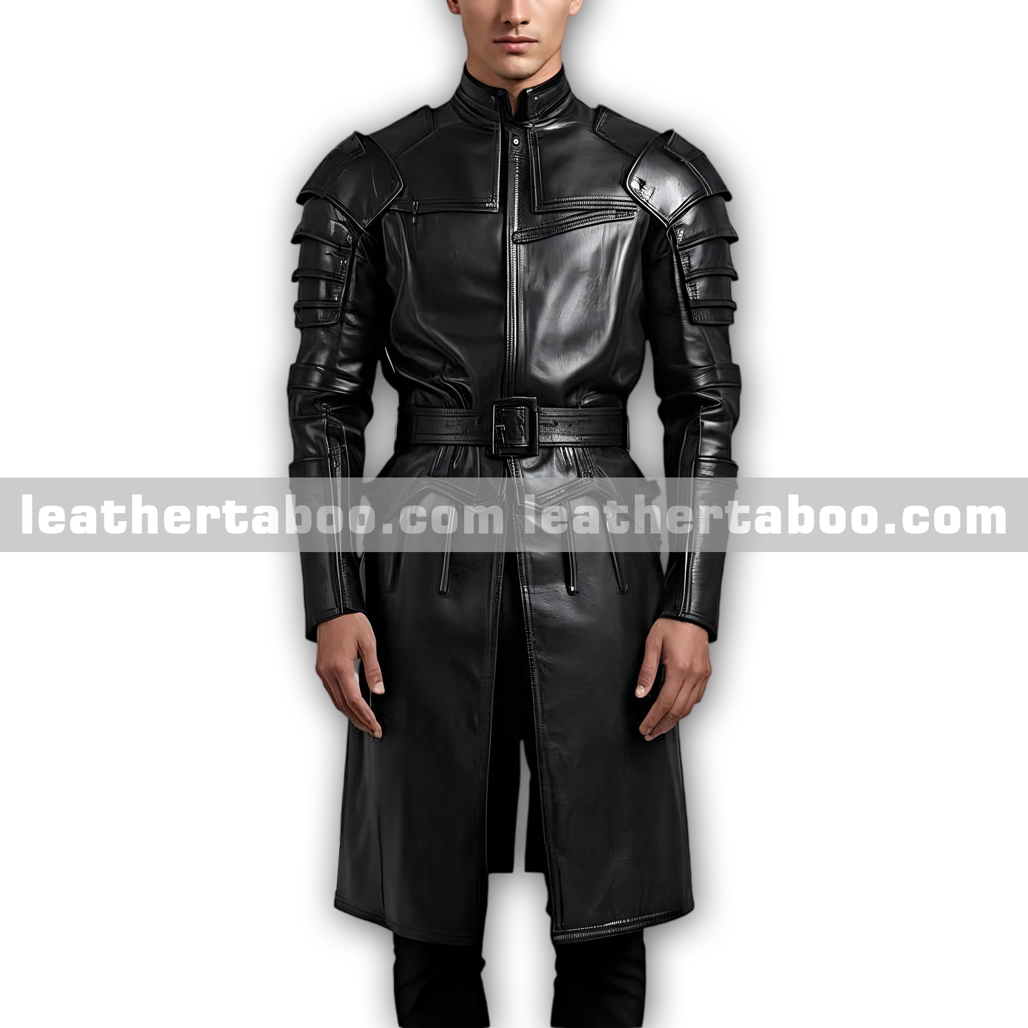 Gothic Inspired Men’s Genuine Leather Long Coat with Armor Style Sleeves and Waist Belt Closure leathertaboo.com