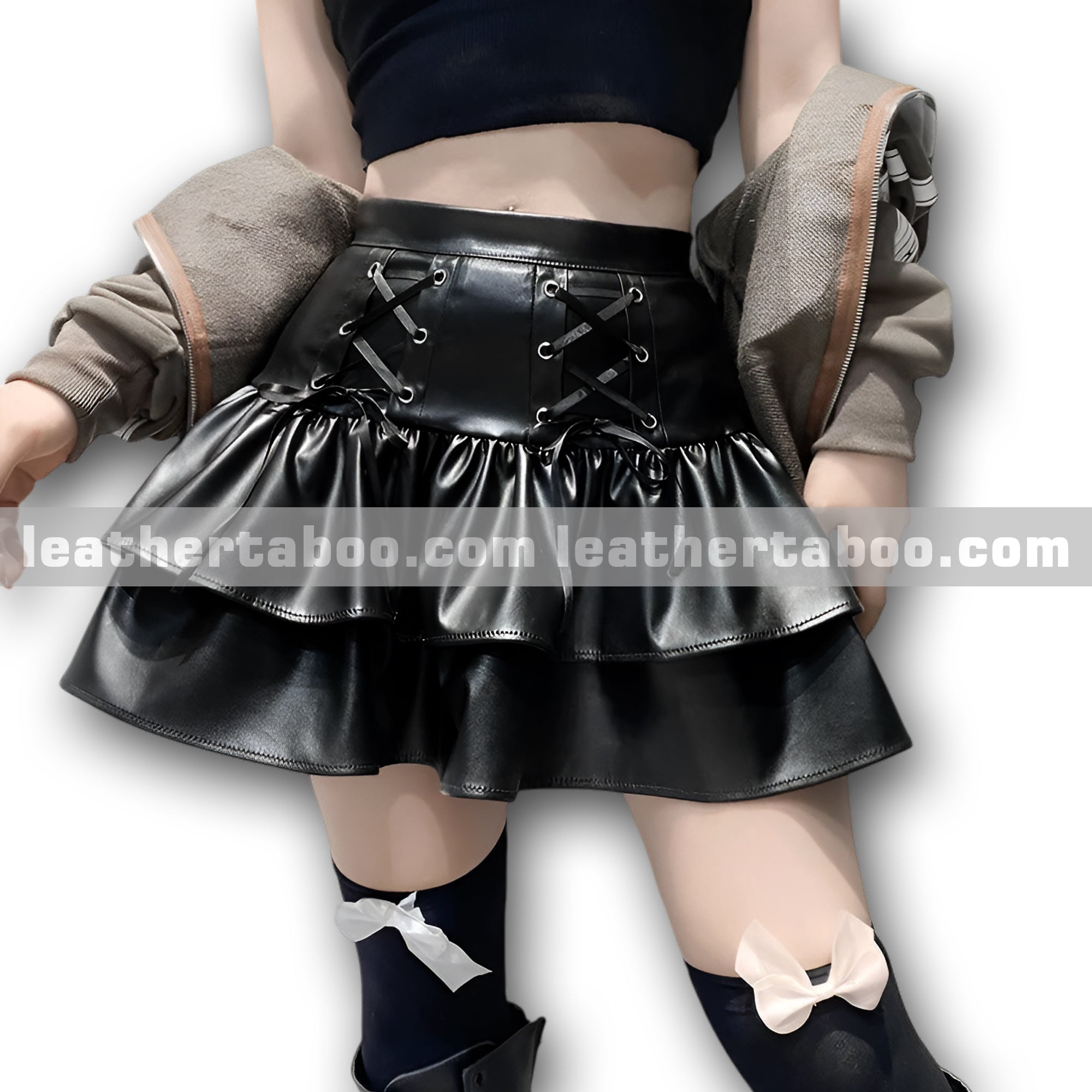 Women’s Black Sheepskin Leather Skirt – High Waist Mini Skirt with Ruffle Hem and Lace Up Detail