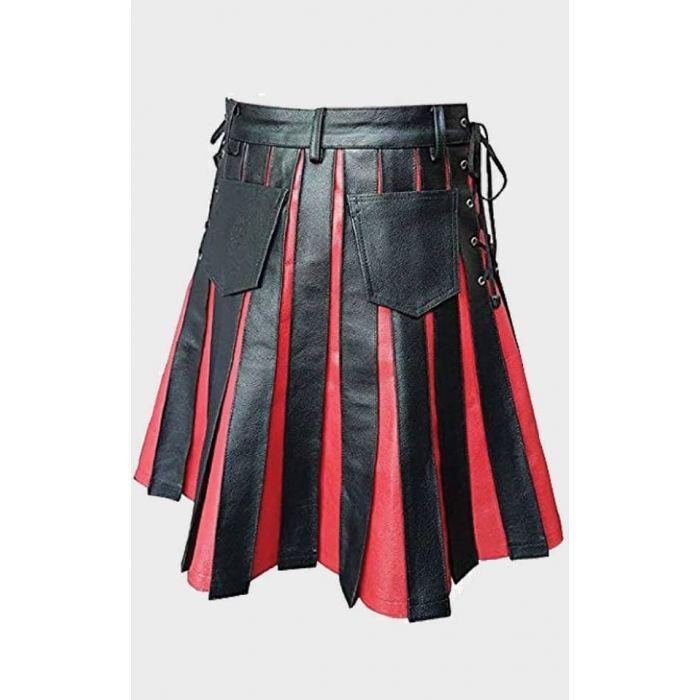 Men's Black & Red Utility Leather Gladiator Kilt - Pleated Flat Front Pocket Wrap