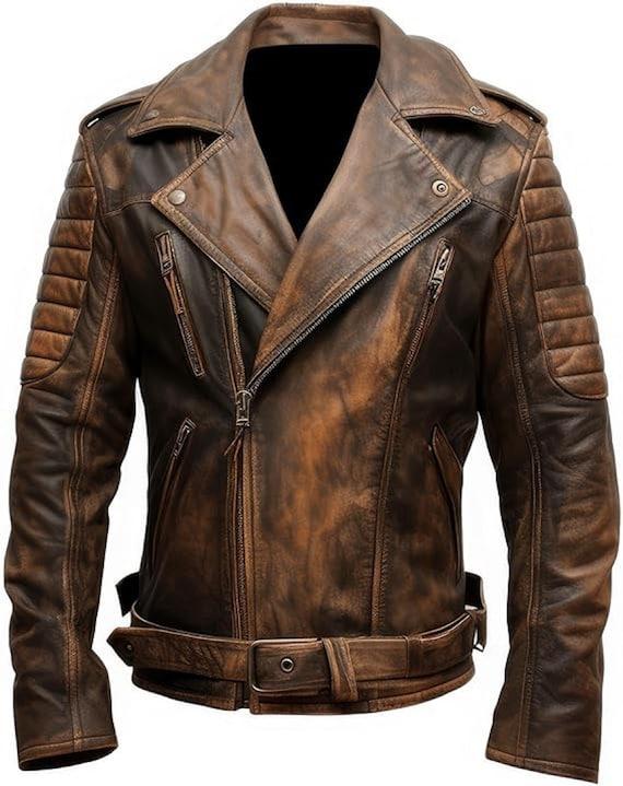 Men’s Davidson Vintage Leather Biker Jacket (Distressed Motorcycle Button Coat)