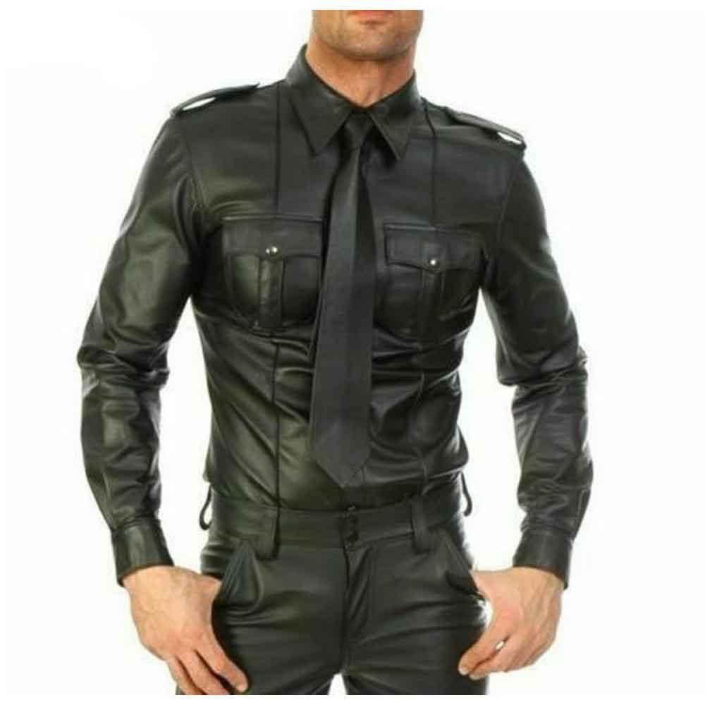 Men’s Black Leather BLUF-Inspired Uniform Shirt (Police-Style Casual Leather Top)