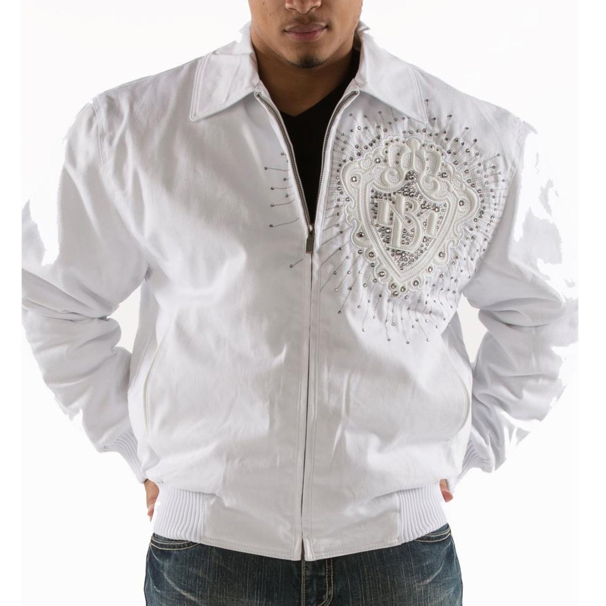 Premium Pelle Pelle White Cowhide Leather Jacket for Men | Stylish Embroidered Logo Design with Zip Closure